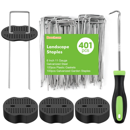 11 Gauge Landscape Staples Set,6 Inch 200pcs Galvanized Garden Stakes + 200pcs Gaskets + 1Pick Hook,Anti-Rust,U-Shaped Lawn Spikes，Landscaping Fabric Pins for Weed Barrier,Ground Cover,Fence,Turf