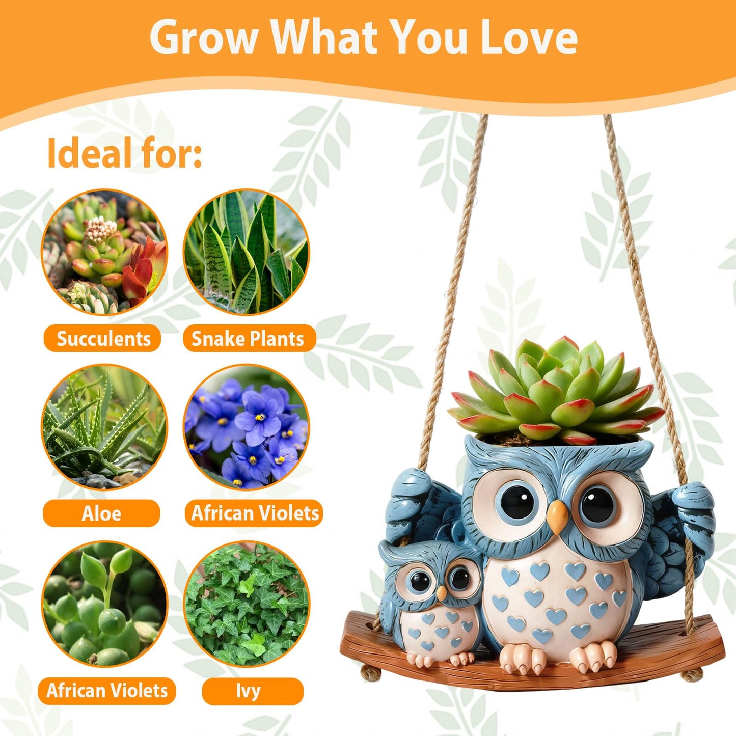 Swing Owl Hanging Planters for Indoor Plants, No-Drill Cute Resin Succulent Pots with Drainage Hole & Plug, Hanging Plant Holder for String of Pearls, Unique Gardening Gifts for Mom & Women