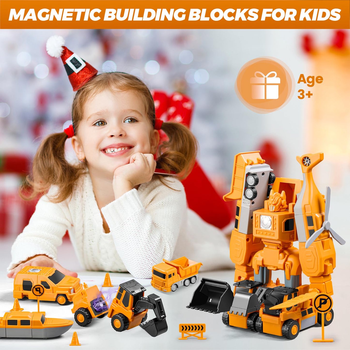 SJYN Magnetic Transform Engineering Car Assembled Toys with Storage Box, Toys for Toddlers Kids Magnetic Blocks, Construction Vehicle Magnetic Building Sets Ages 3-8 (35 Pieces)