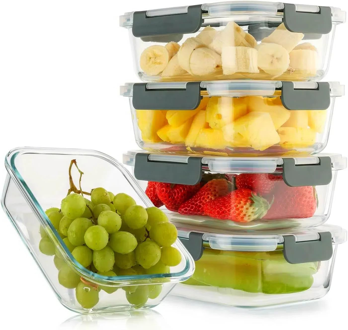 Cuiselect 5 Pack 36 Oz Glass Meal Prep Containers with Lids, Reusable Glass Food Storage Containers with Lids, Leak Proof, Microwave, Oven, Freezer and Dishwasher Safe (Gray)