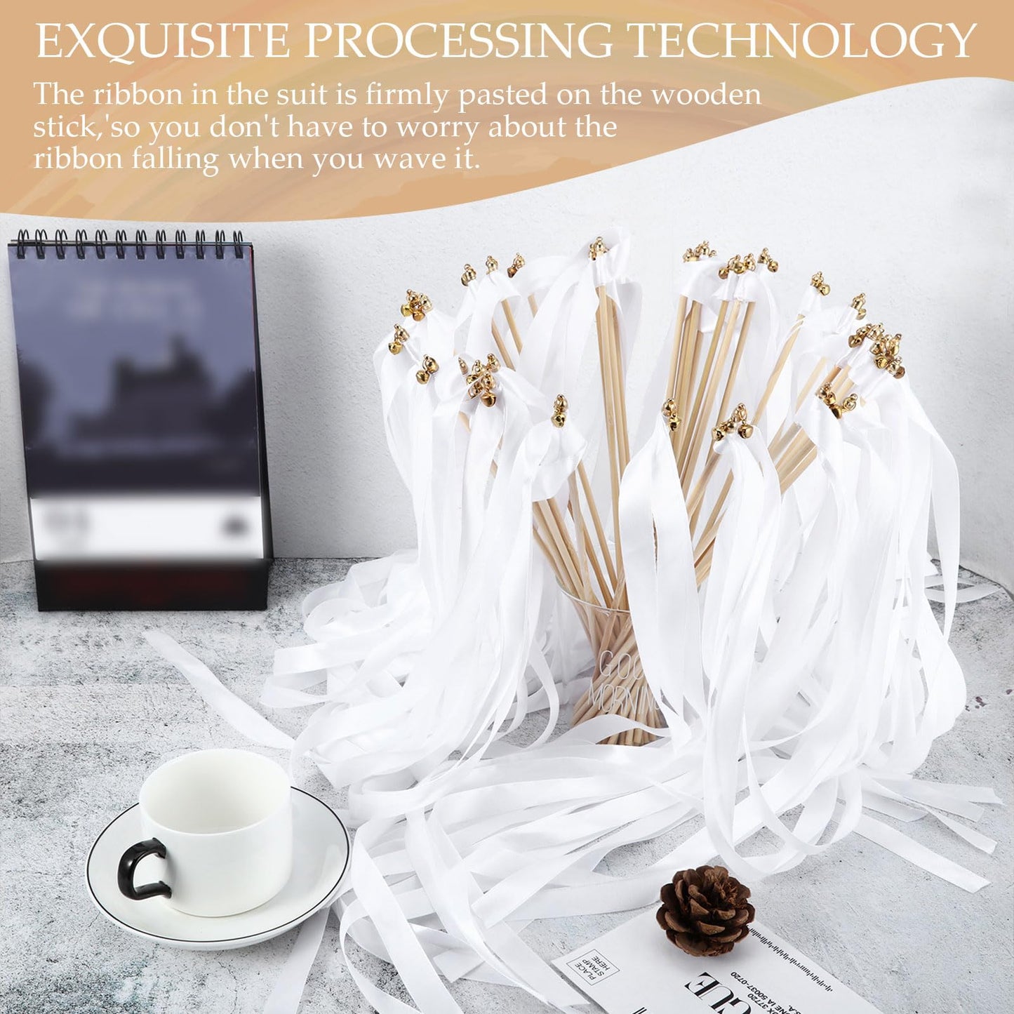 Chalyna 100 Pieces Lace Ribbon Wedding Sticks Colorful Ribbon Streamers Party Streamers with Bells Silk Fairy Stick Wands for Wedding, Party, Holiday, Activities(White)