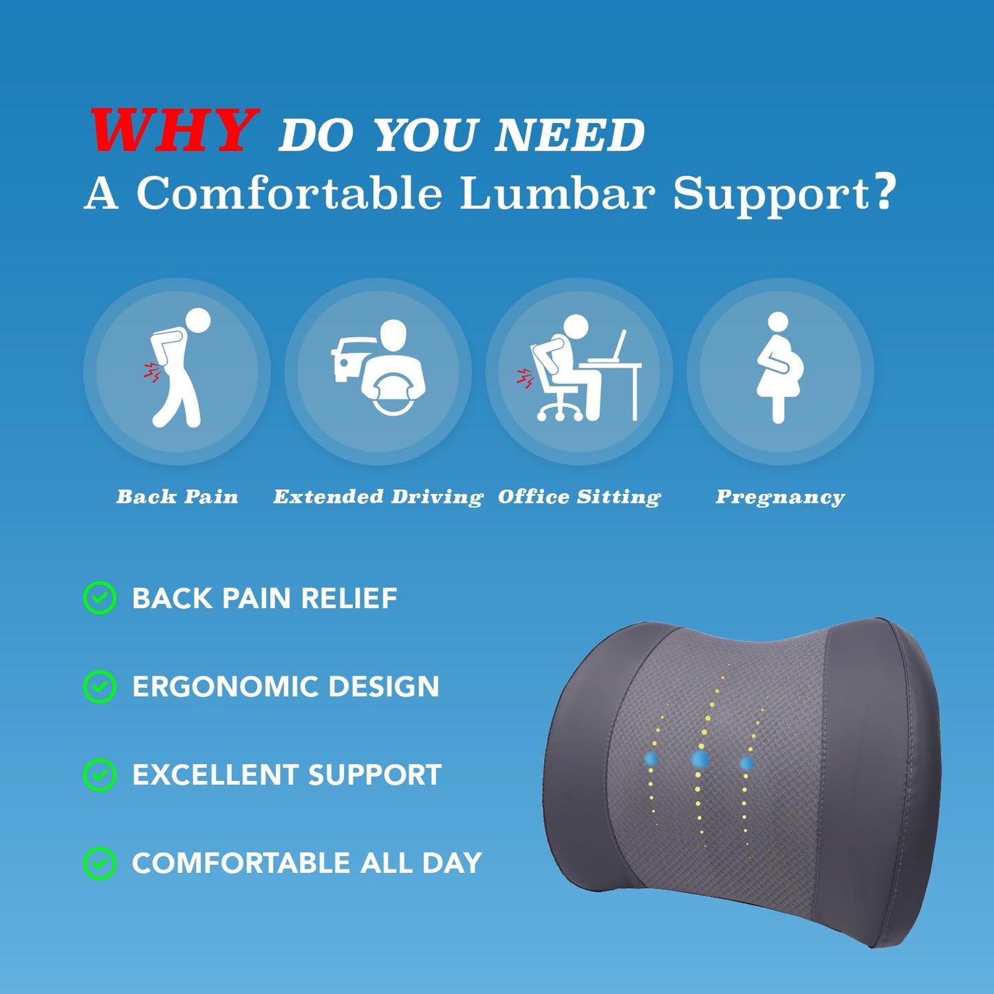 Lumbar Support Pillow: Memory Foam Lumbar Pillow for Lower Back Pain Relief - Car Back Cushion for Driving - Lumbar Support for Car-Office Chair, Wheelchair - Dark Grey