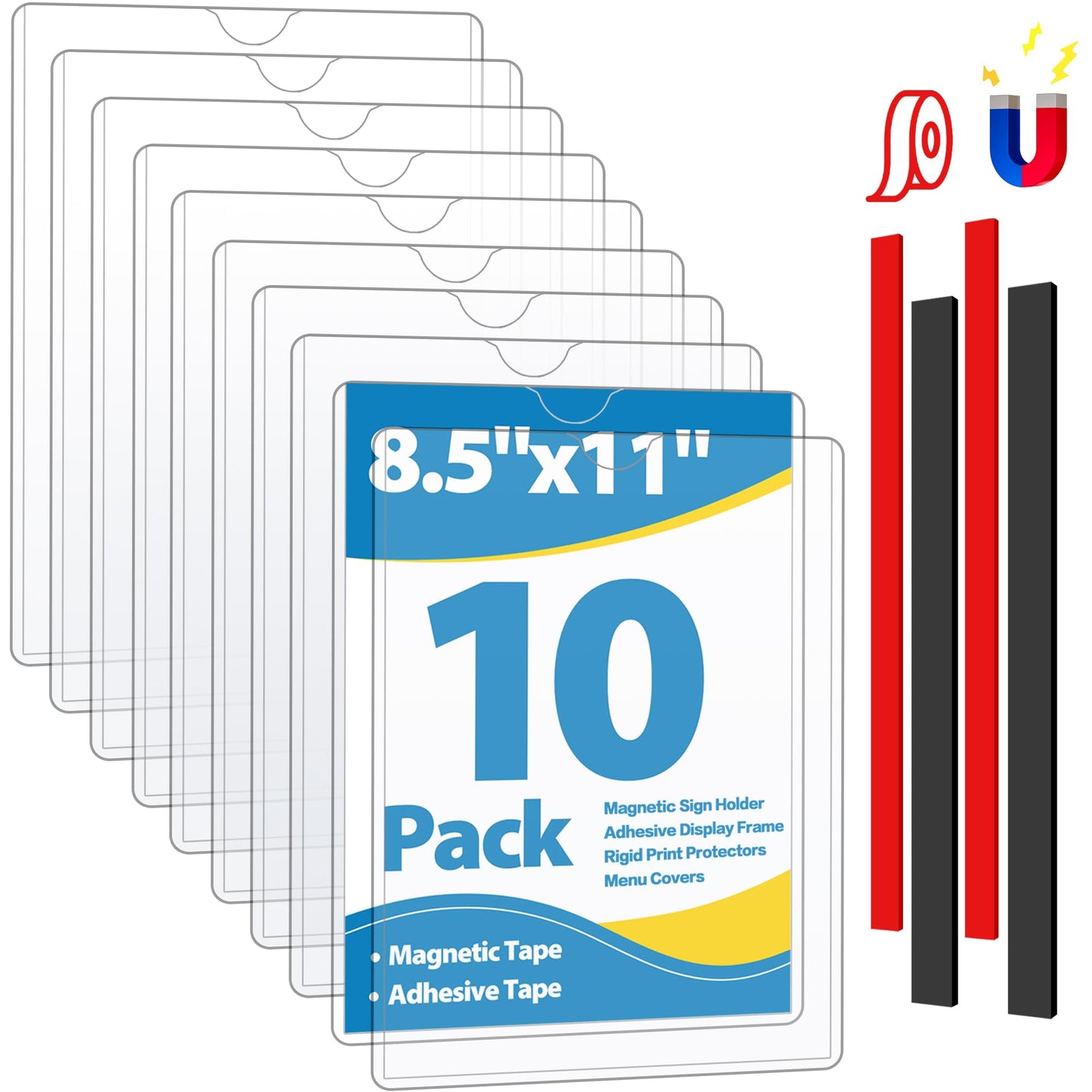 VAIIGO 10 Pack Magnetic Sign Holder 8.5 x 11, Rigid Plastic Wall Sign Holder with Magnetic Tapes and Adhesive Tapes, Magnetic Display Frame Adhesive Frame Print Protectors Document Poster Sign Holder