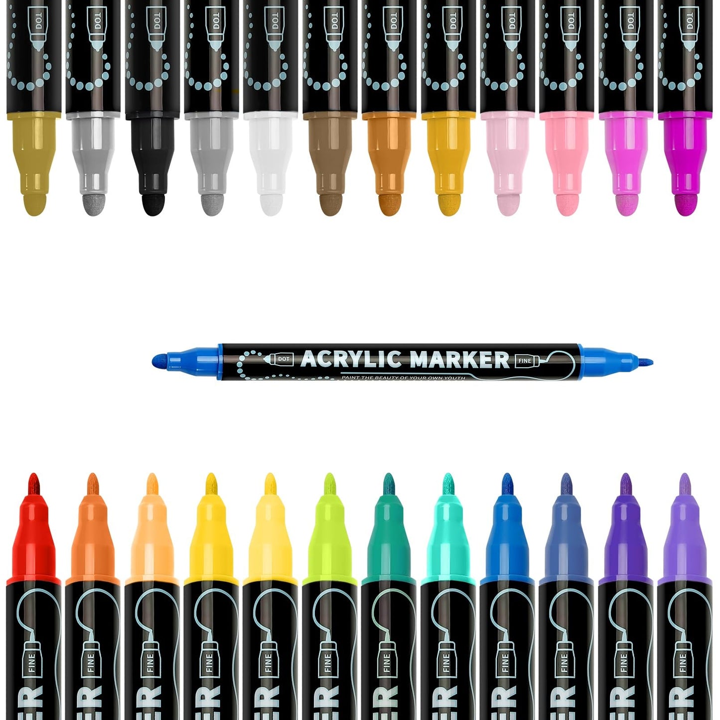 Lamitocs Acrylic Paint Pens, 60 Colours Dual Tip Acrylic Markers with Fine & Dot Nibs for Rock, Wood, Glass, Canvas, Office & Studio Painting