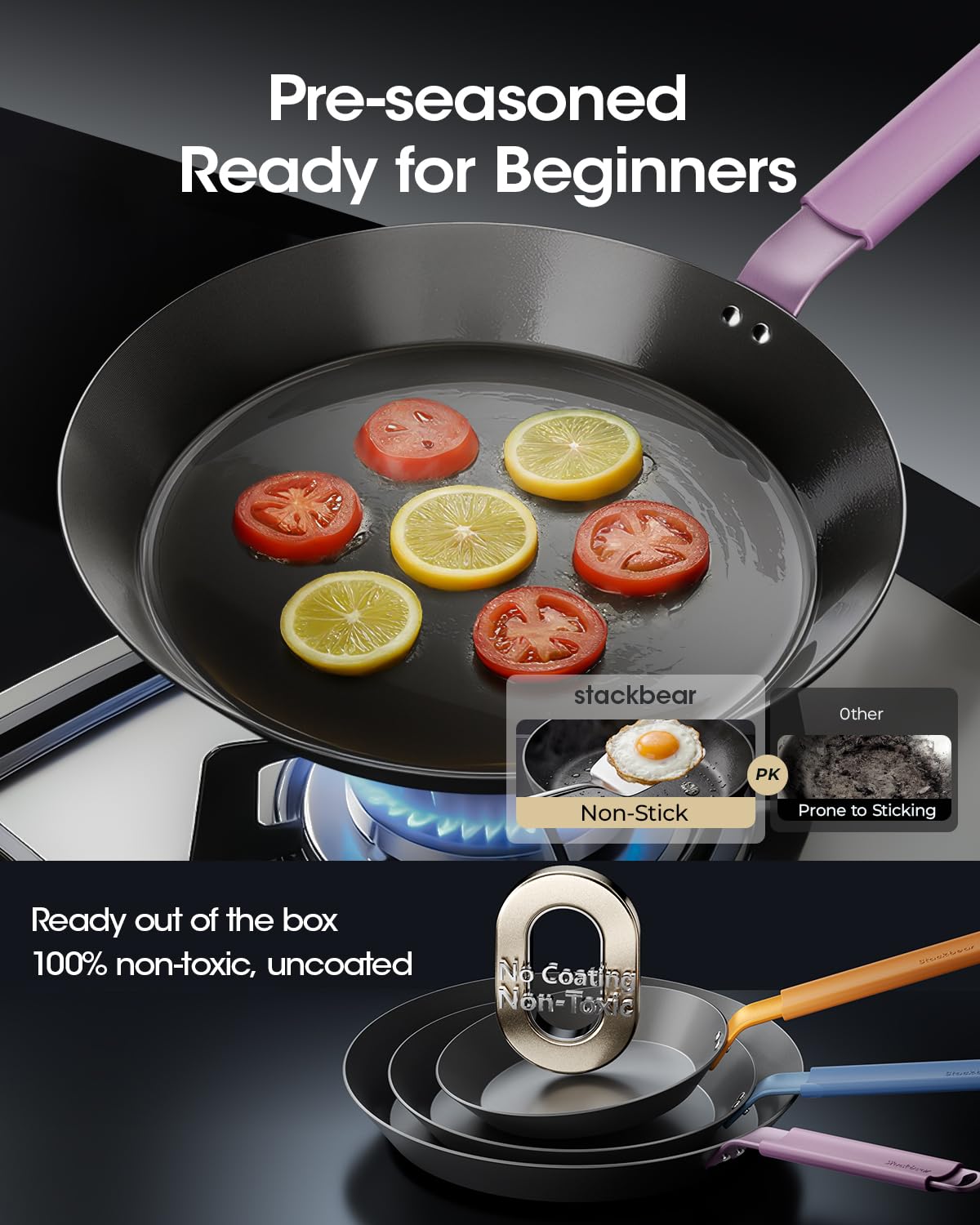 StackBear Carbon Steel Frying Pan 12 Inch, NitrOx™ Nitrided Steel Skillet, Preseasoned Rust Resistant Large Cooking Pan with Ergonomic Handle & Removable Silicone Grip, Induction & Oven Safe