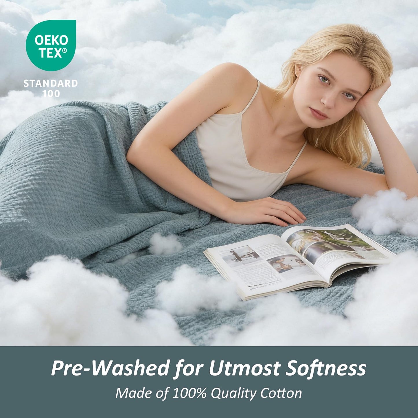 EMME Cotton Muslin Queen Blanket Bed Layering Bedspread Coverlet Breathable Gauze Soft Lightweight (Heather Teal, 90"x90")