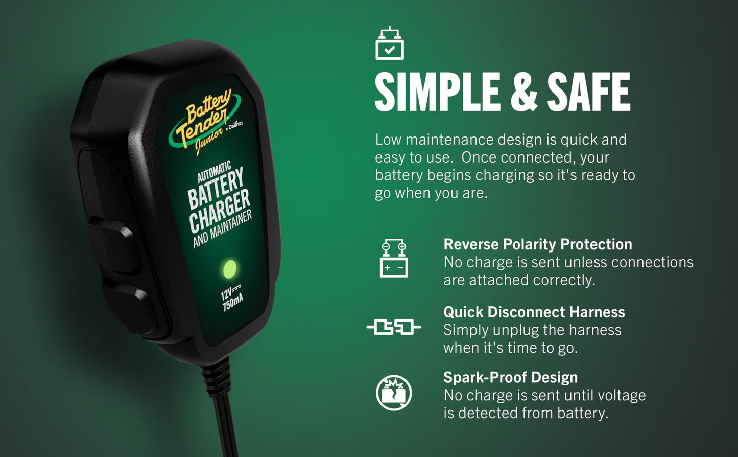 Battery Tender Junior 12V, 750mA Charger and Maintainer: Automatic 12V Powersports Battery Charger for Motorcycle, ATVs, and More - 021-0123