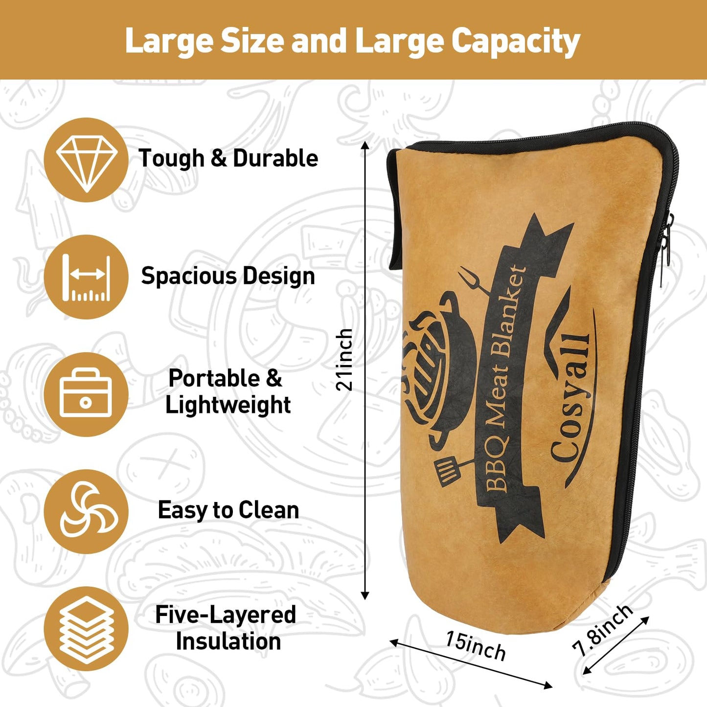 BBQ Blanket for Resting Meat,Smoker Meat Resting Blanket,Reusable Smoker Grilling Meat Insulated Resting Bag with Wide Mouth for Large Brisket/Beef/Pork Shoulders/Turkeys (BBQ Blanket 21in)