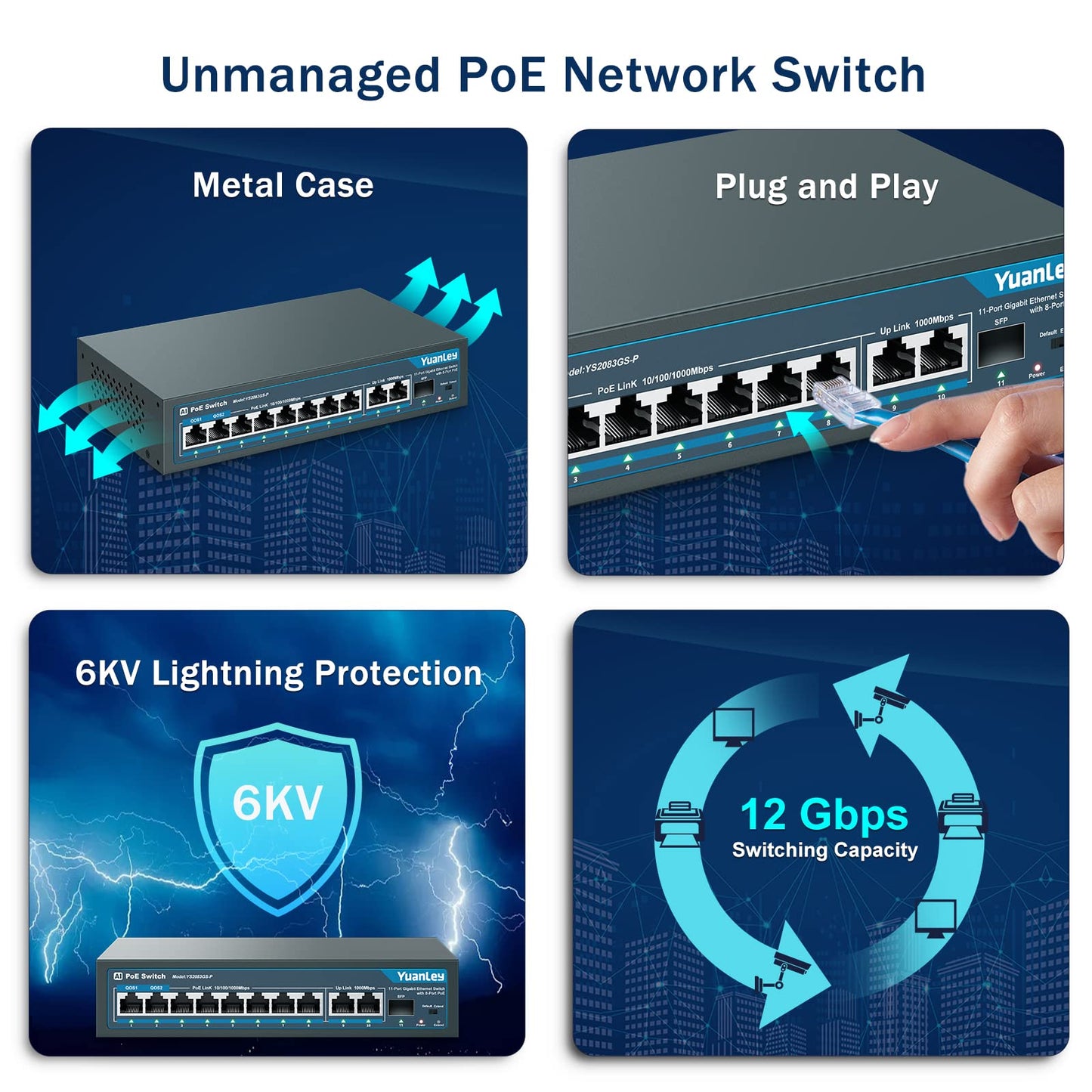 YuanLey 11 Port Gigabit PoE Switch, 8 PoE+ Port 1000Mbps, 2 Gigabit Uplink, 1 SFP Port, 120W 802.3af/at, Metal, Qos, Unmanaged Plug and Play AI Smart Detection Ethernet Switch
