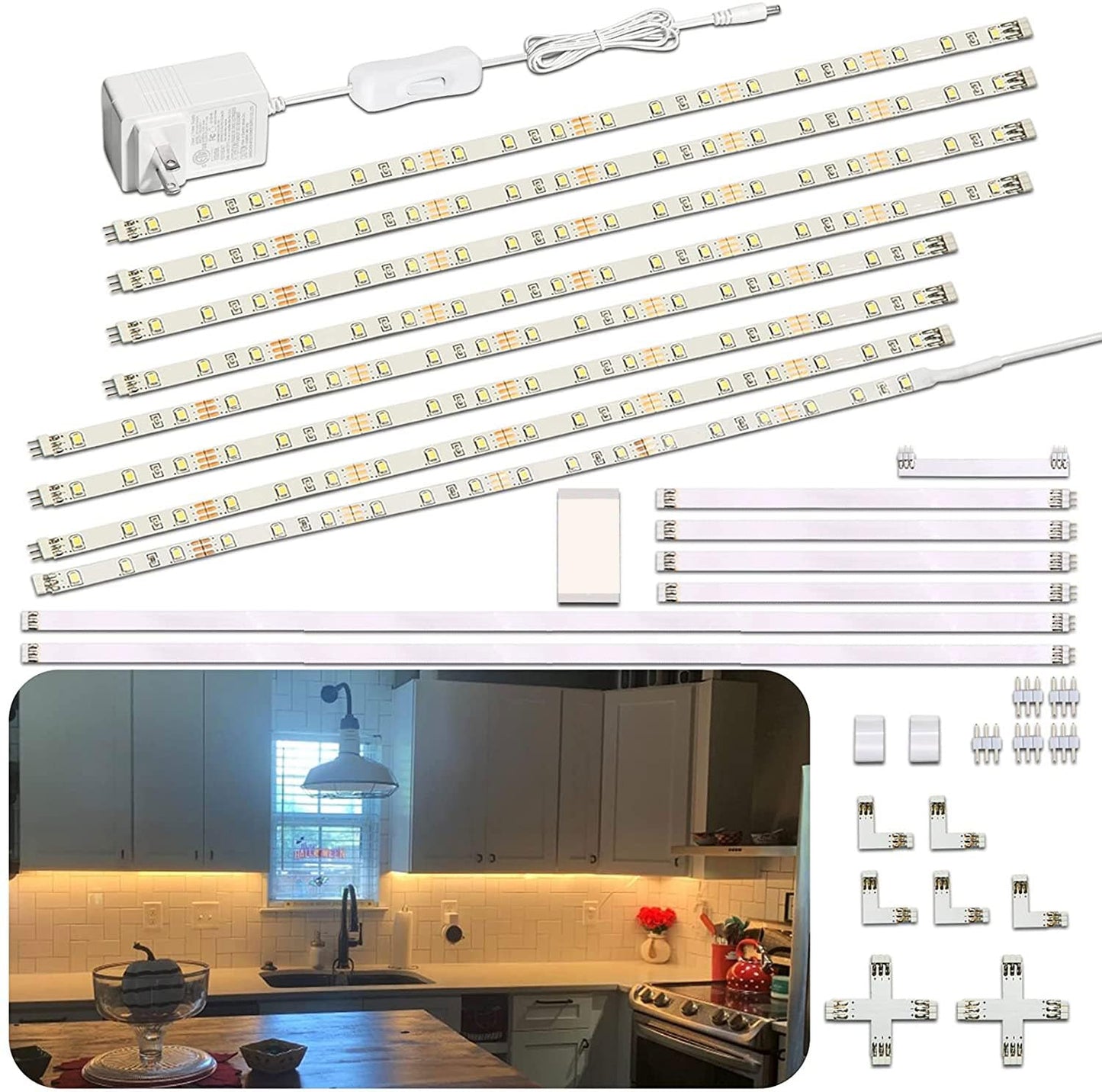 Wobane Under Cabinet Lighting Kit,8PCS 12 inch Led Light Bars,Under Counter Lights for Kitchen,Cupboard,Desk,Bookcase,Shelf,DIY Tape Light,ETL Adapter and Variety Connectors,1200lm,2700K WarmWhite