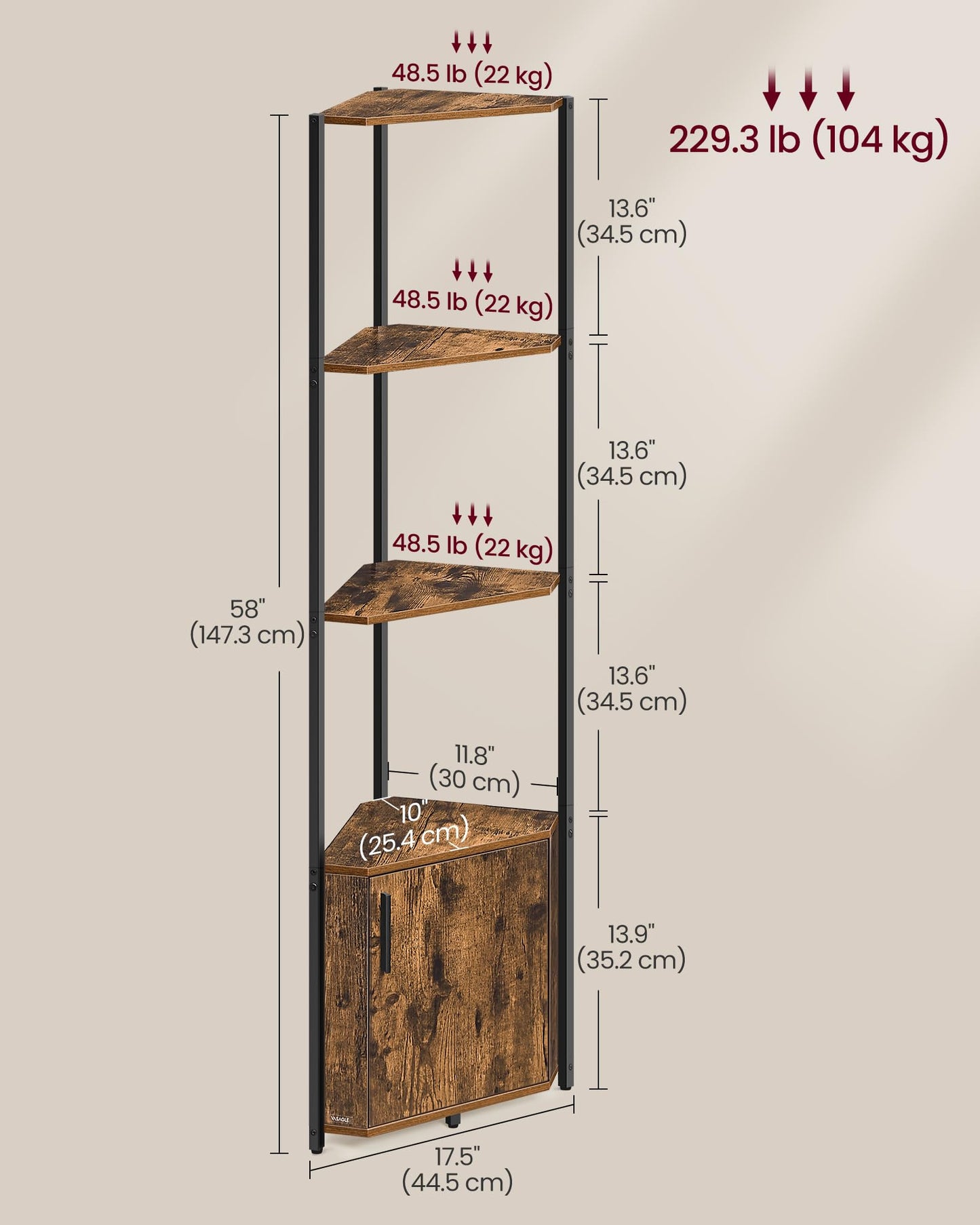 VASAGLE Corner Shelf with Storage, 5-Tier Corner Storage Cabinet, for Living Room, Bedroom, Kitchen, Bathroom, Rustic Brown and Ink Black ULBC580K01