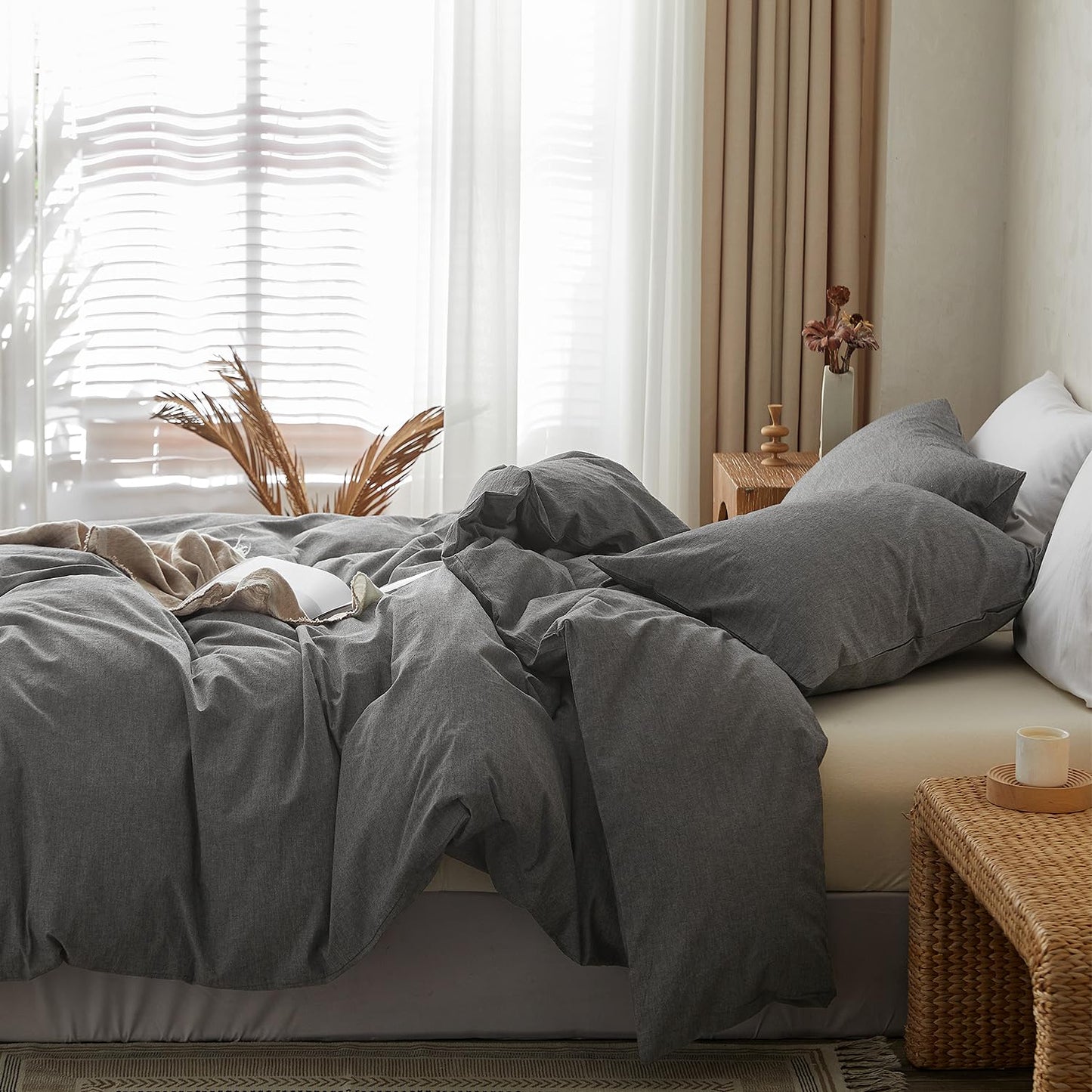 TOCOMOA Duvet Cover Set 100% Washed Cotton Linen Feel Soft Comfy Breathable 3 Piece Comforter Covers Bedding Set (King, Heathered Dark Grey)