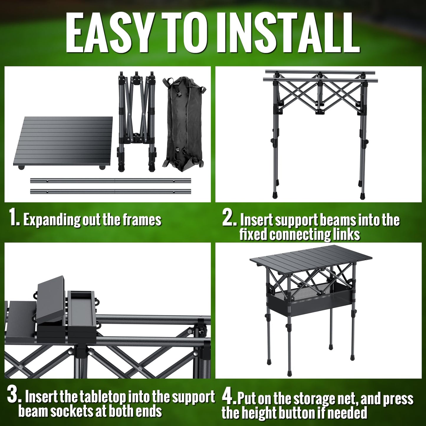 GARLLEN Folding Camping Table Max Height 70cm, Portable Roll-up Picnic Table with 2 Adjustable Height, Aluminum Outdoor Table with Storage Net & Carrying Bag for Camping, Picnic, BBQ, L25.2 x W15.7