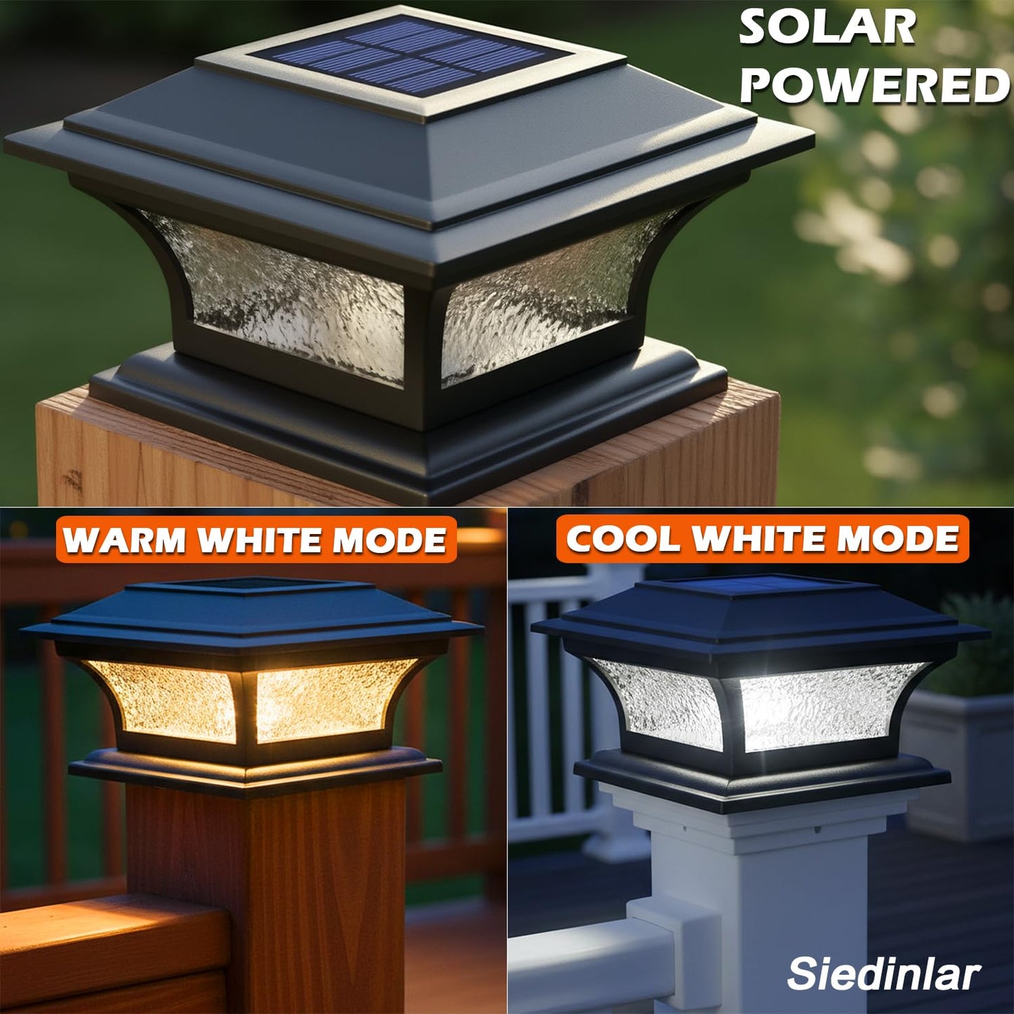 Siedinlar Solar Post Lights Outdoor Glass LED Fence Cap Light 2 Modes for 4x4 5x5 6x6 Posts Deck Patio Garden Decoration Warm White/Cool White Lighting Black (2 Pack)