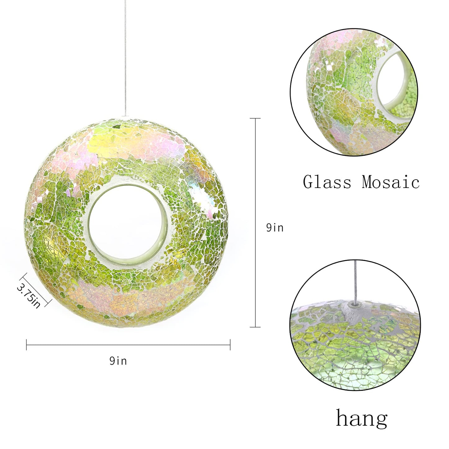 DUSVALLY Mosaic Hanging Bird Feeder - Circular Outdoor Garden Decor, Fly Through Wild Bird Feeders with Mosaic Glass Design, for Yard, Backyard, Deck and Porch, Green Accents