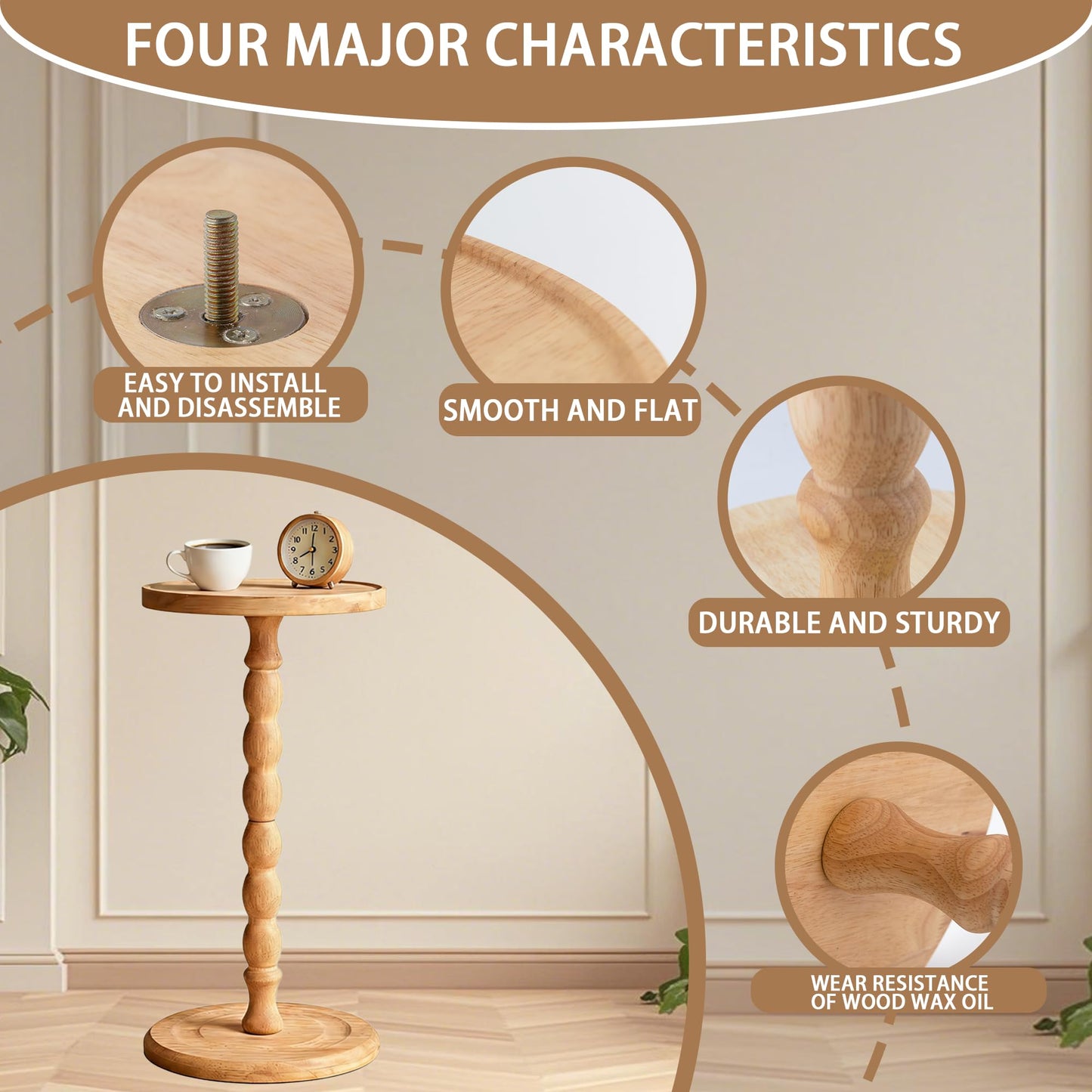 Round Side Table, Small Drink Table for Small Spaces, Modern Accent Nightstand with Solid Wood Leg for Living Room, Bedroom, Corners, and Office (Walnut)