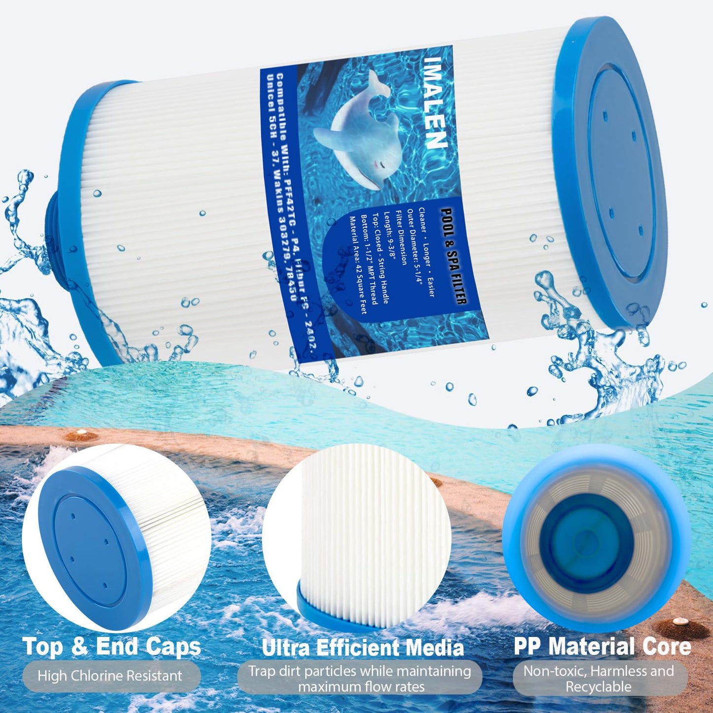 IMALEN Spa Filter Compatible with FC-2402, Watkins 303279(not 303263),PFF42TC-P4, 78460, Lifesmart, Freeflow, AquaTerra, Hydromaster, Grandmaster, Simplicity, Bermuda Hot Tub Filter Cartridge, 2 Pack