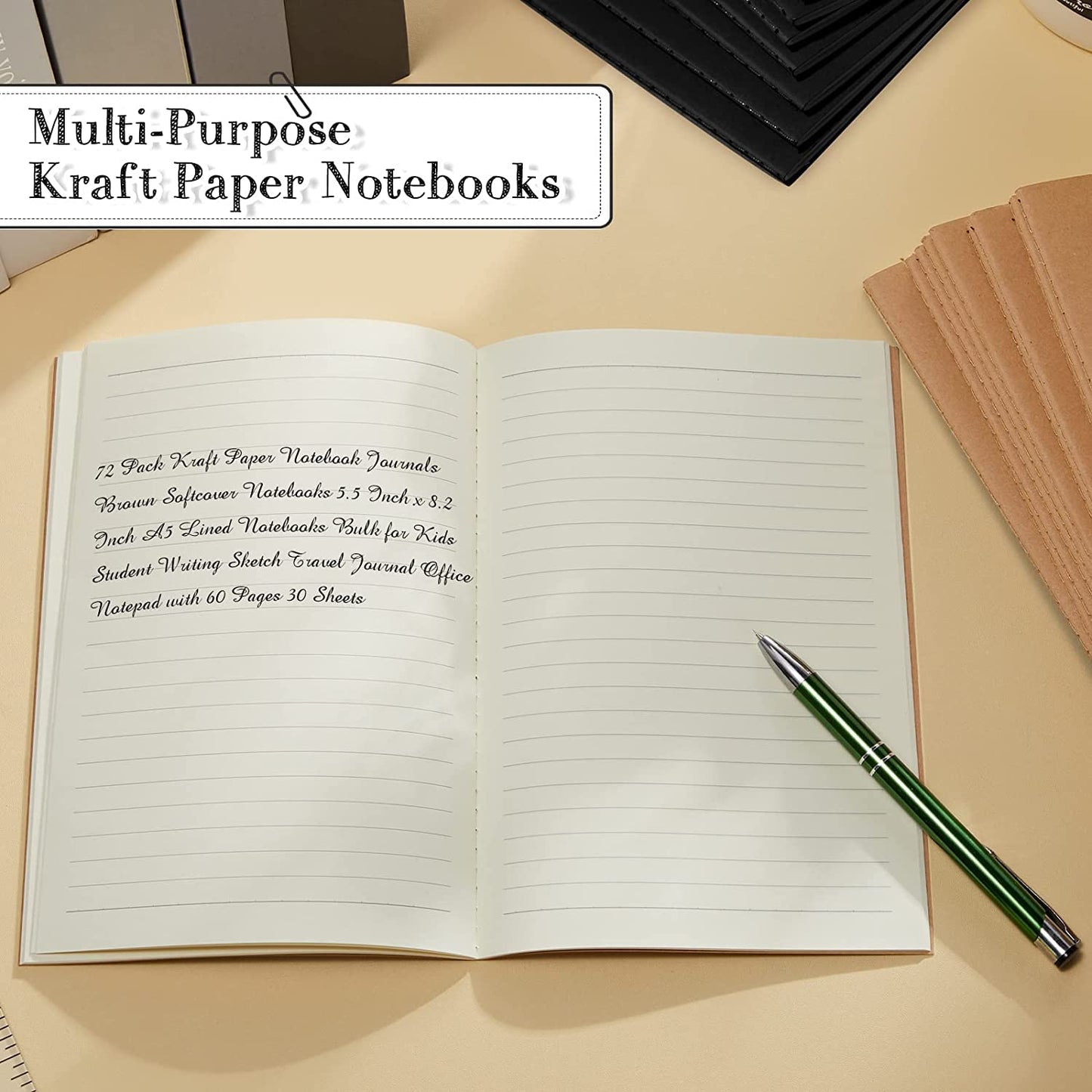 36 Pack A5 Kraft Paper Notebook Journals 5.5 Inch x 8.3 Inch Journal Softcover Line Notebooks Bulk for Kids Student Writing Sketch Travel Journal Office with 60 Pages 30 Sheets (Black,Brown)