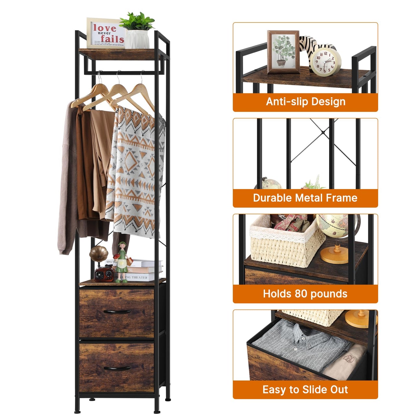 Bathroom Rack 3 Tiers Storage Rack Heavy Duty with Fabric Drawers and Storage Shelves Freestanding Organizer Stand Rack for Entryway Living Room