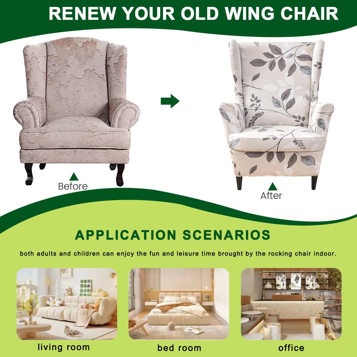 CRFATOP 2 Piece Stretch Wingback Chair Slipcover Printed Wing Chair Covers Polyester Fabric Wingback Armchair Covers Furniture Protector with Elastic Bottom for Living Room Bedroom Wingback Chair,02