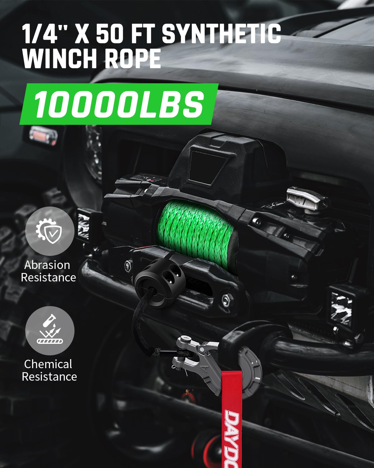 DAYDOOR Synthetic Winch Rope, 1/4 Inch x 50ft 10,000LBS Synthetic Winch Line, Synthetic Winch Cable for Offroad Vehicle 4WD ATV UTV, Synthetic Rope with Forged Winch Hook and Rubber Stopper (Green)