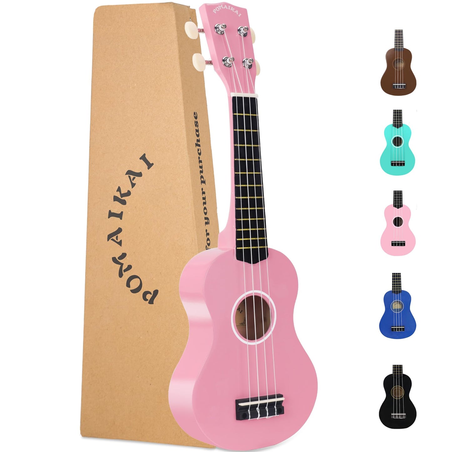 POMAIKAI Soprano Wood Ukulele Rainbow Starter Hawaii Guitar 21 Inch Ukelele for Beginners and Students (Pink)