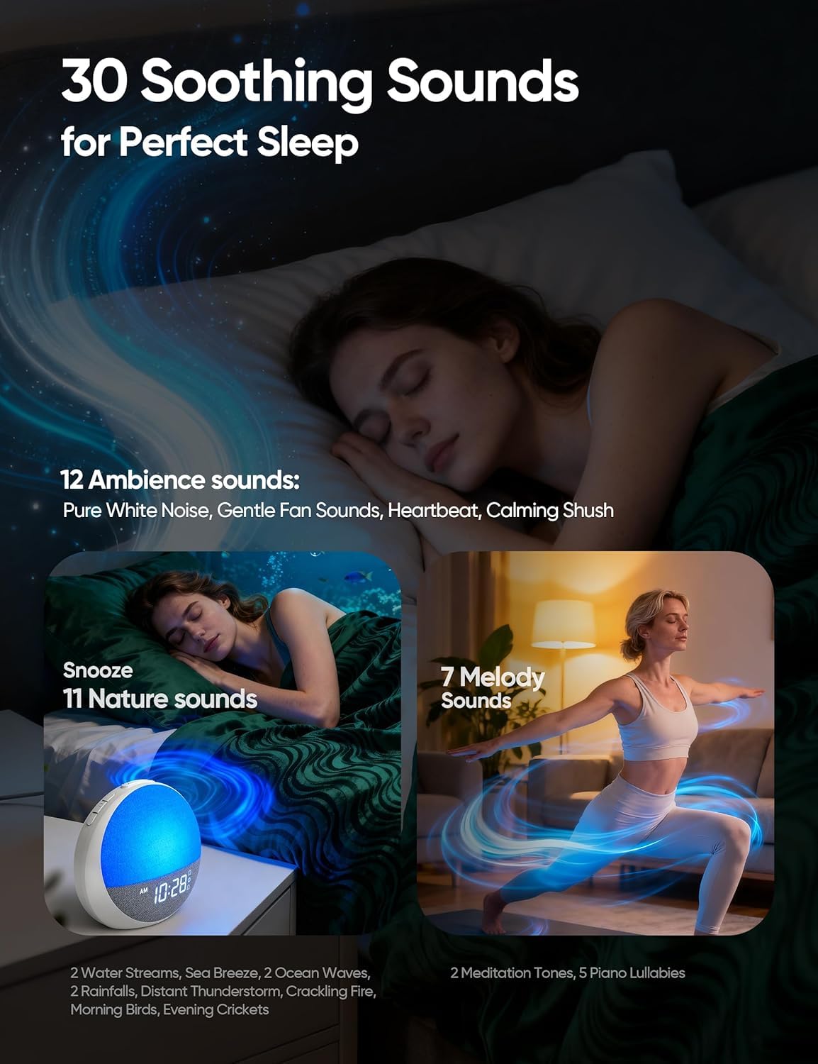 Sunrise Alarm Clock White Noise Machine, Sleep Timer 15-180 mins, 30 Soothing Sounds for Baby Adults Kids, 11 Night Light Colors & Naural Wake Up Light, Easy Set Your Alarms