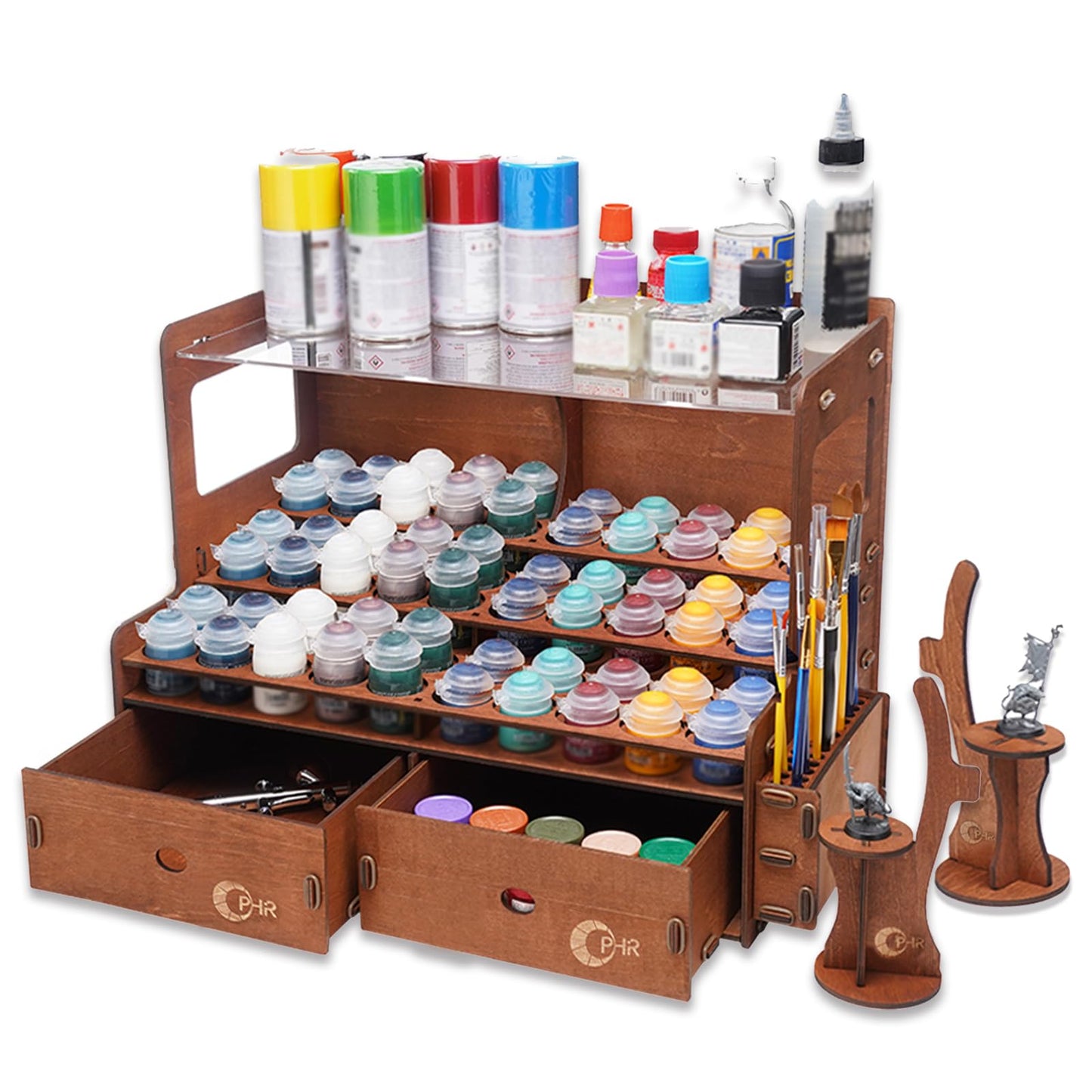 OPHIR Paint Organizer for 60 Bottles and 32 Brushes, Wooden Miniature Paint Rack with 2 Painting Brush Holder, 2 Painting Handles, 2 Drawers for Acrylic Paints Storage, Holes Dia.1.42 Inches