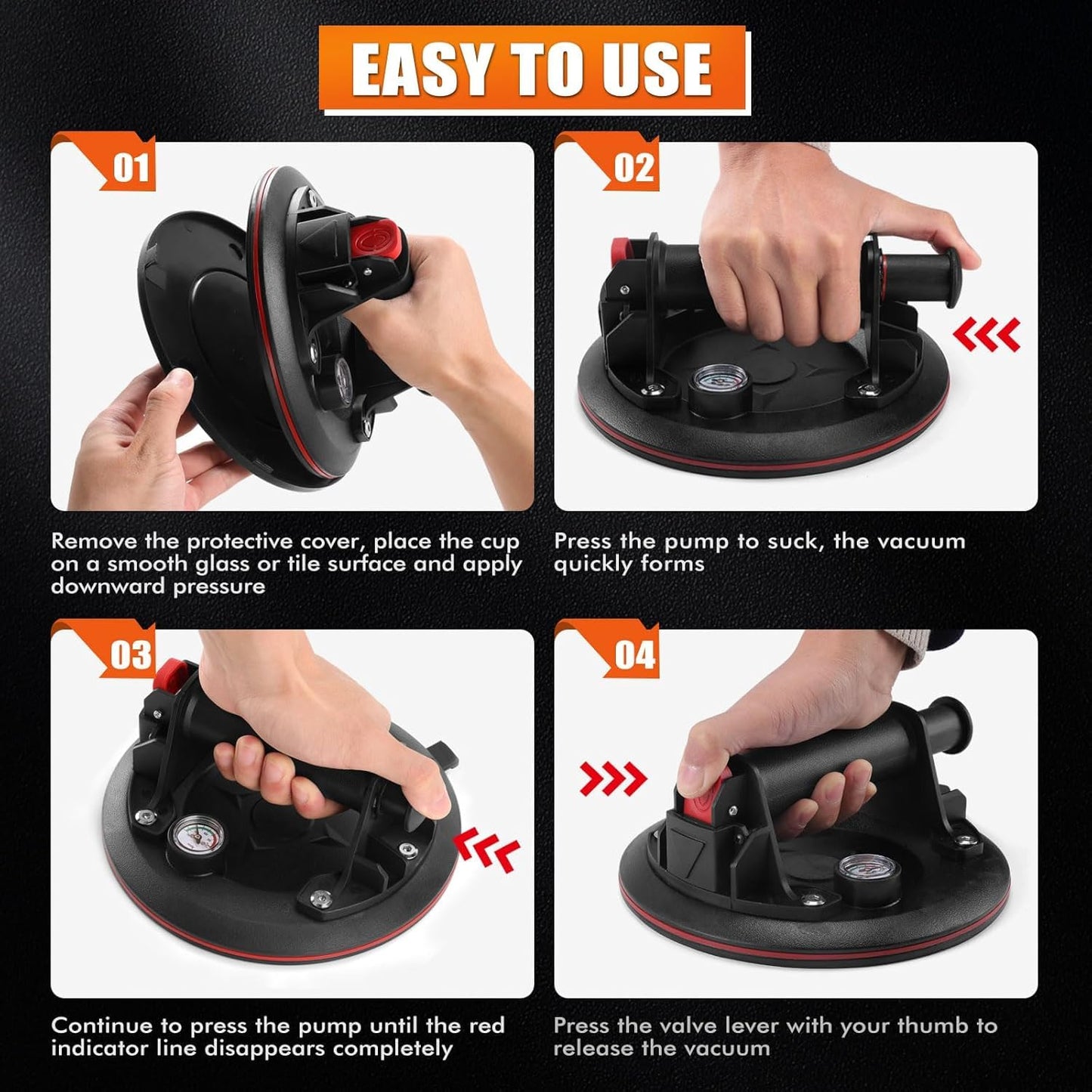 2 Pack 8" Glass Suction Cup with Pressure Gauge to Lift Large Glass - Heavy Duty Handheld Glass Lifter, Vacuum Suction Cups with Carrying Case for Window,Metal,Tiles, Windshield, 662 Lbs Load Capacity