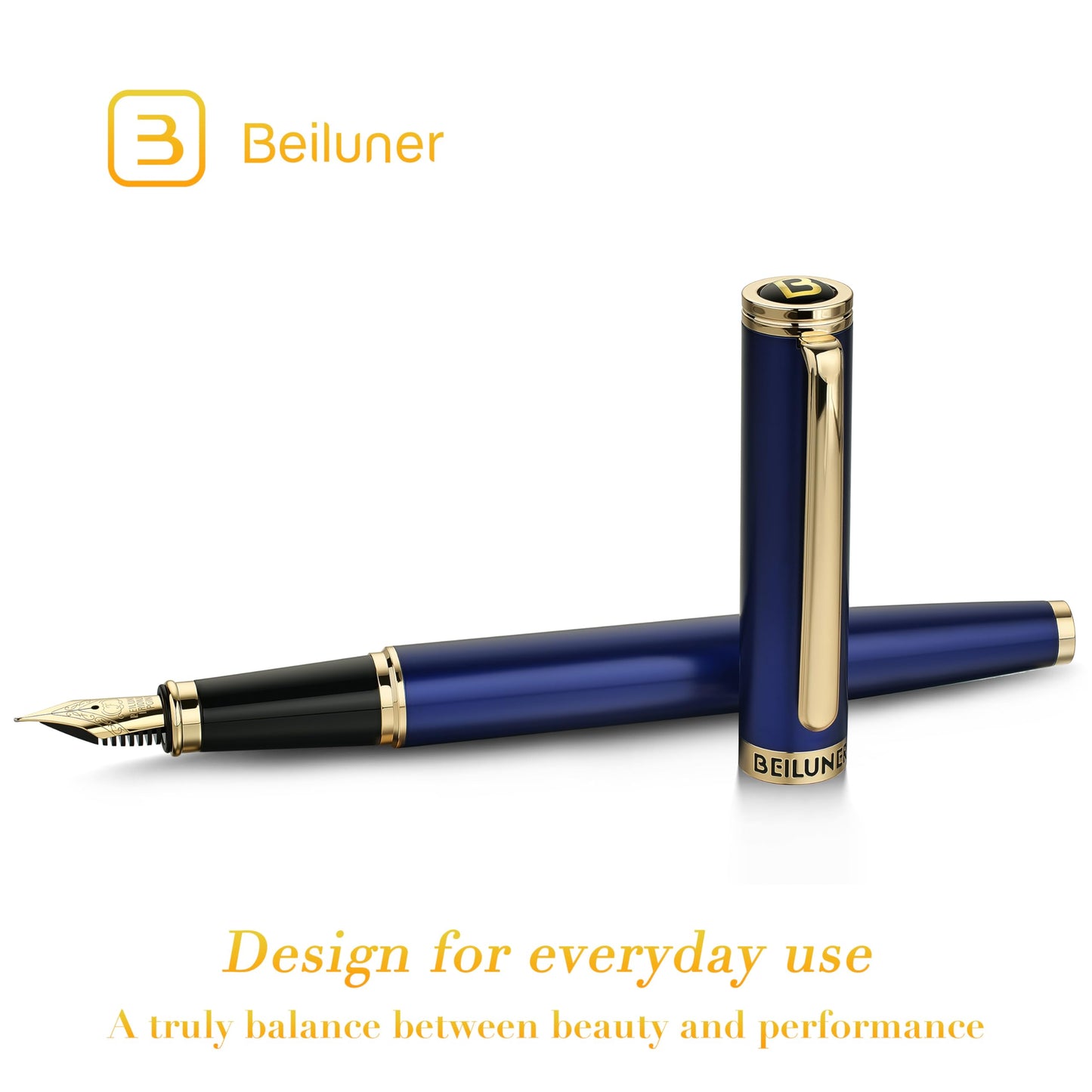BEILUNER Blue Fountain Pen,Stunning Luxury Lacquer, 24K Gilded Nib(Fine),Gorgeous 24K Gold Accents, with Ink Converter,Fancy Gift for Men&Women-Smooth,Elegant,Graduation,Reliable,Nice Pens for Writing