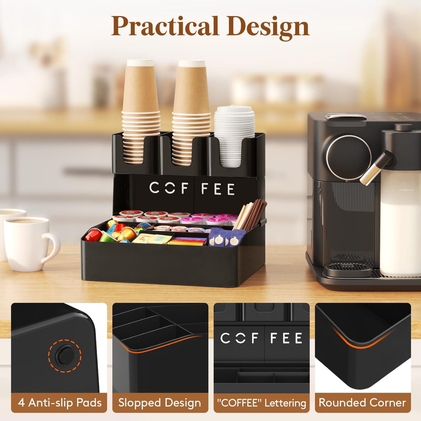Lifewit Coffee Station Organizer for Countertop, 2 Tier Pod Holder for Coffee Bar Accessories, Tea Bag, Condiments, Upright Cup Storage for Office Breakroom, Home Kitchen, 10 Compartments, Black