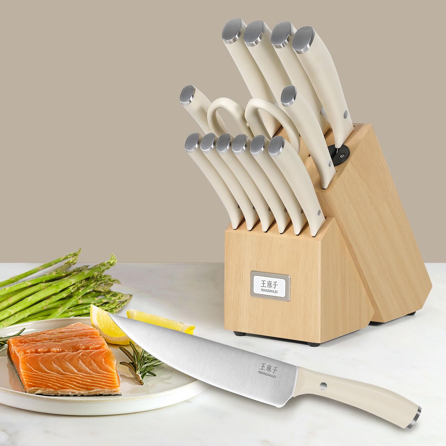 Professional Kitchen Knife Set, Chef Knife Block Set German Stainless Steel Razor-Sharp Blade, Ergonomic Comfortable Handle,Hundreds of Years of Masterful Craftsmanship(Natural,15PCS)
