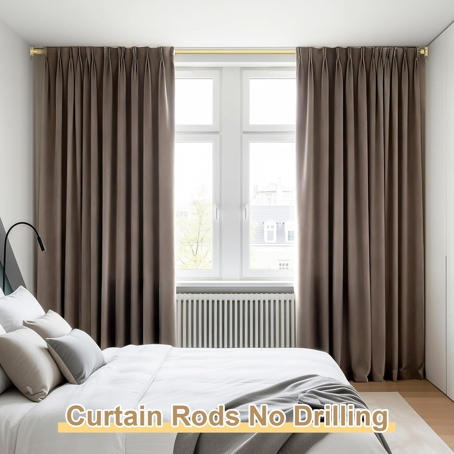 ZipGlo Heavy Duty Tension Curtain Rod 41-103 Inch (4-8 Ft), 26LB No-Drill Renter Friendly & Damage-Free, Adjustable Rod for Shower, Bathroom, Window, Patio Outdoor Curtains, 1.26-In Diameter, Gold