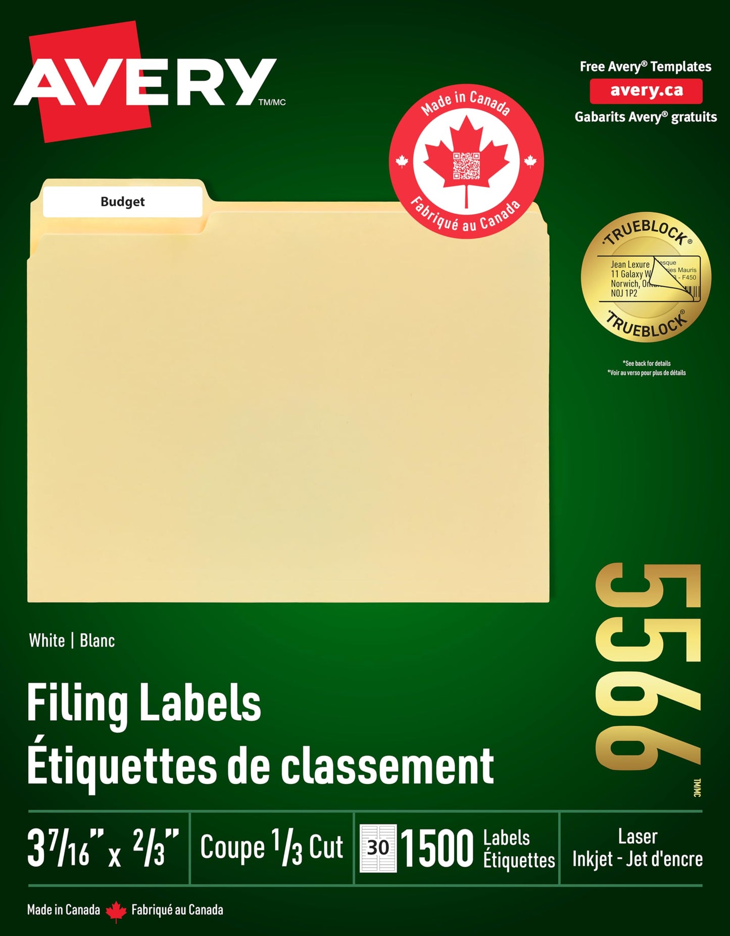 Avery Filing Labels with TrueBlock Technology for Laser and Inkjet Printers, 2/3" x 3-7/16", White, File Tab Labels. Folder Labels. Rectangle, 1500 Labels, Permanent (5566) Made in Canada