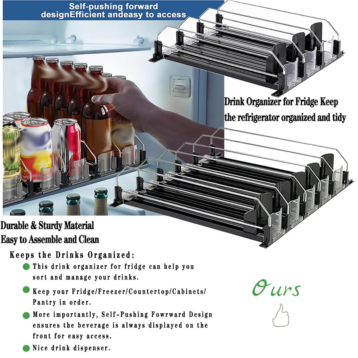 Drink Organizer for Fridge,Cabinets & Pantry Large Capacity Self-Pushing Drink ，Width Adjustable Soda Can Organizer for Refrigerator-with Smooth and Fast Pusher Glide（3 Rows)