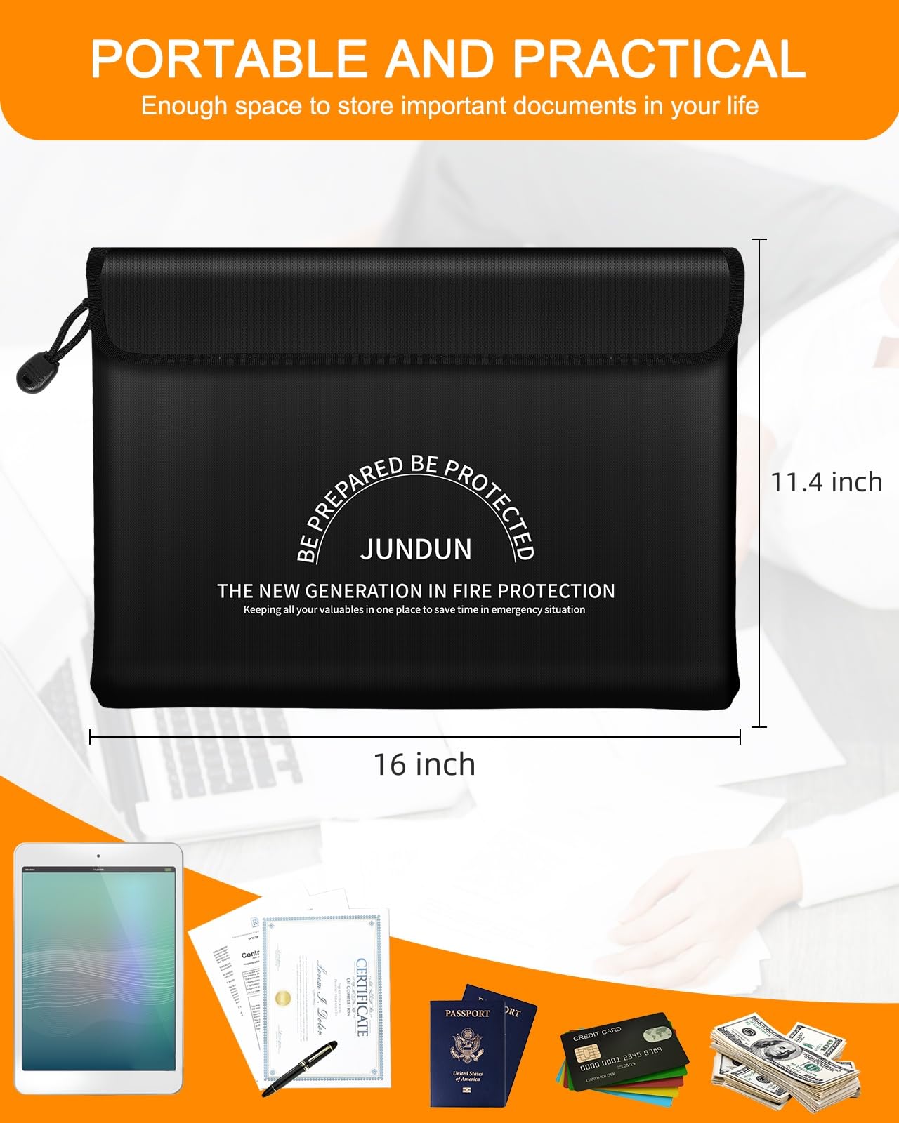 JUNDUN Fireproof Document Bag with 5200℉ Heat Insulated,Legal Size Waterproof and Fireproof Money Bag,8 Layers Thickened Fire Rated Document Safe Bag Pouch with Zipper for Legal Documents