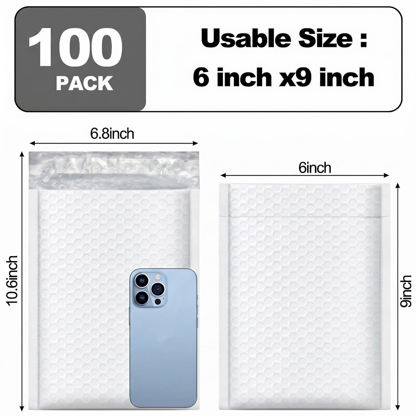 Nicunom 100 Pack Bubble Mailers 6x10", Usable Size 6x9" Self Seal Padded Envelopes Opaque Poly Wrap Bubble Bags Waterproof Shipping Bags for Small Business Mailing Makeup Jewelry Gifts, White