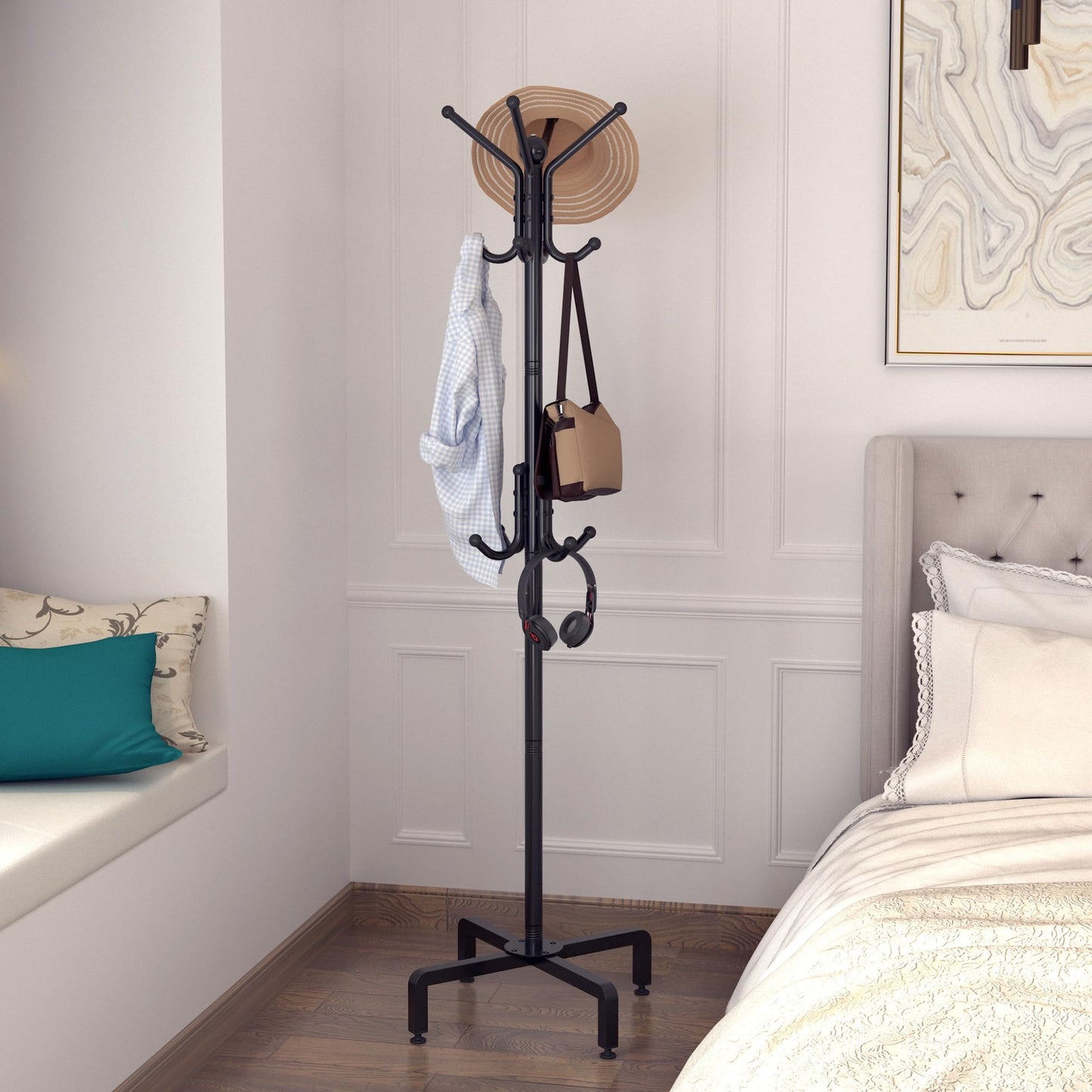 PSHUN RIGH Coat Rack with 12 Hooks, Freestanding Coat Rack Stand for Entryway, Hallway, Bedroom, and Office, Metal Coat Tree & Hat Rack for Coats, Hats, and Bags,Black (Black)