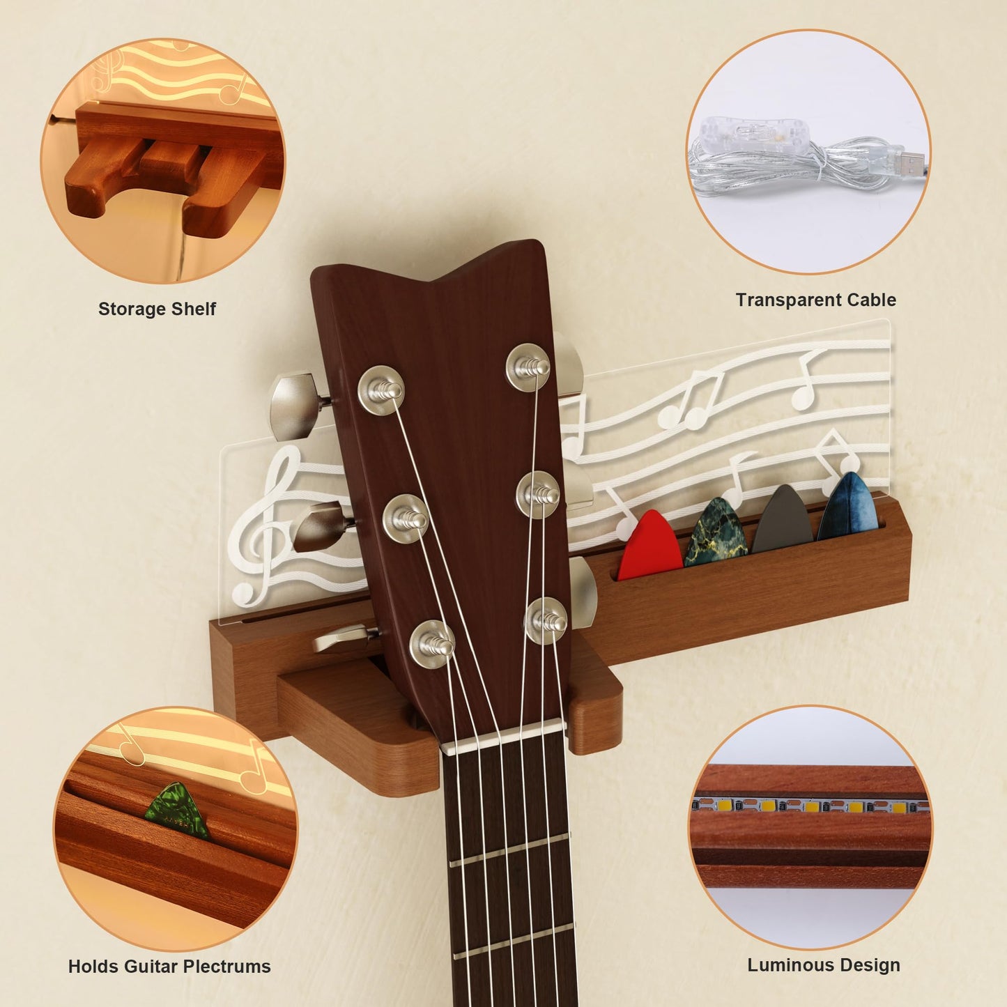 CoolGift Mart Light up Guitar Wall Mount, Musical Notes Design, Pick Holder with LED Illumination - USB Powered, Premium Wood and Acrylic, for Acoustic Electric Bass Ukulele Violin, Gift for Music Lovers Guitar Players