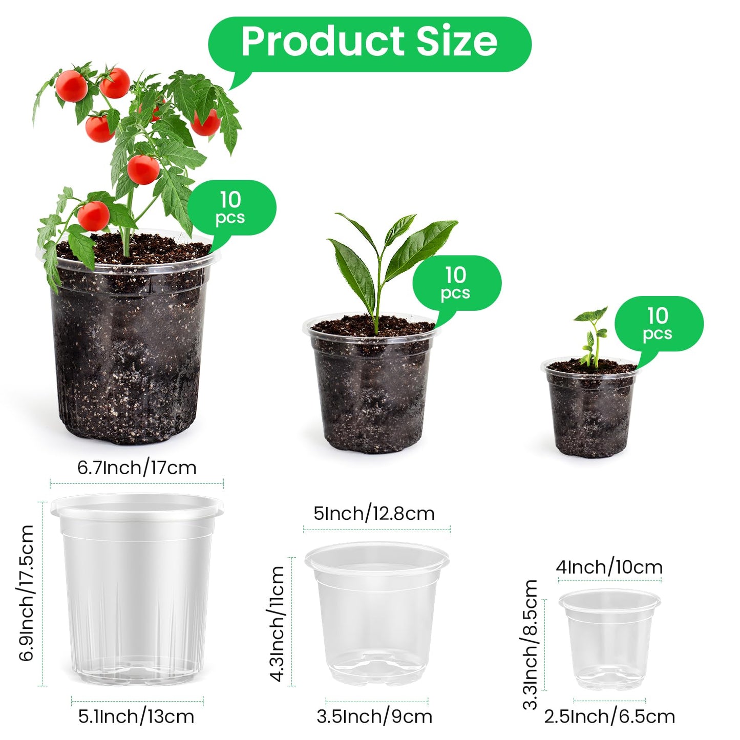 Bluepro 30 Packs 7/5/4 Inch Reinforced Clear Nursery Pots with Drainage Hole, Transparent Variety Pack Plastic Plant Pot Seedling Planter Seed Starter Flower