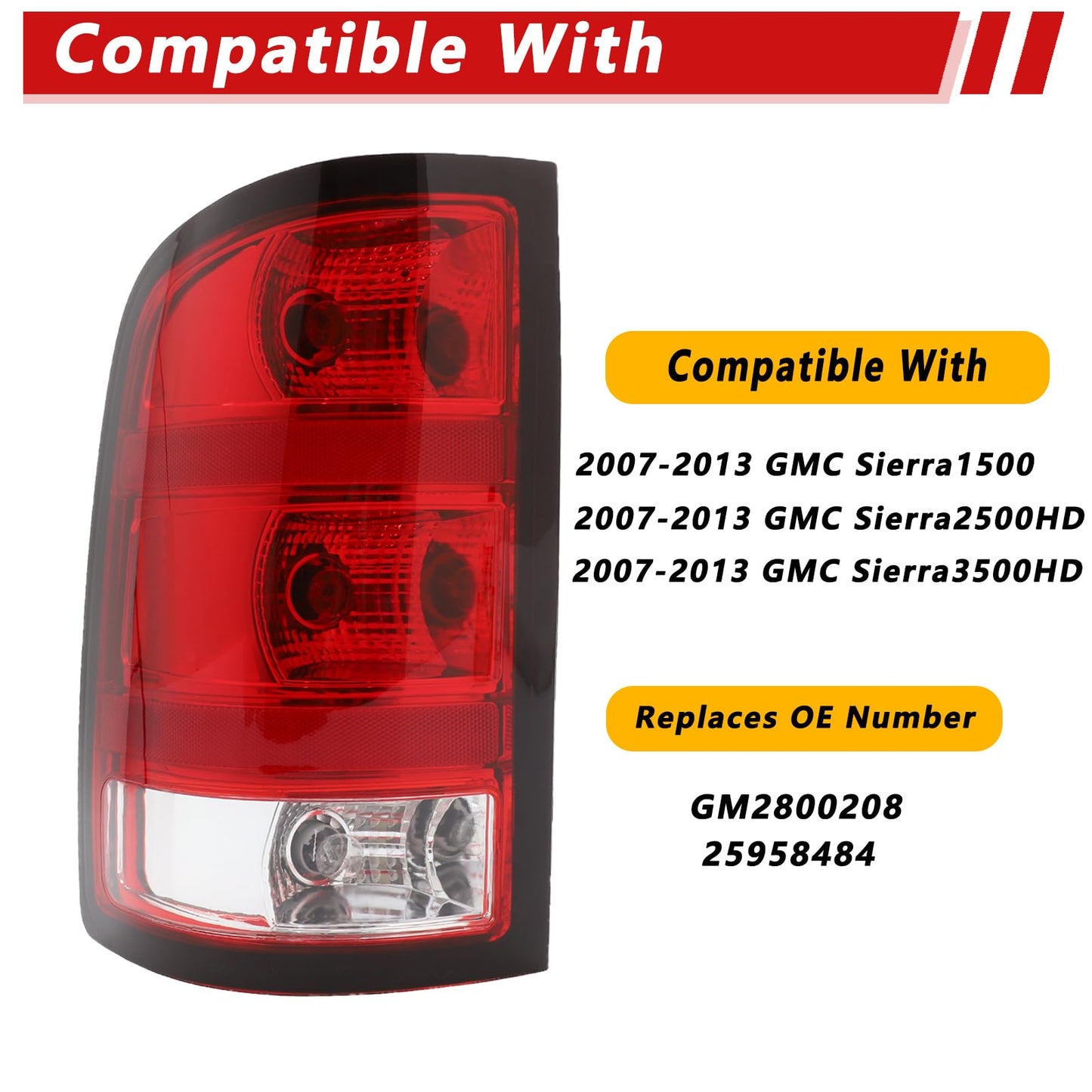 Left Tail Light Compatible With 2007-2013 GMC Sierra 1500 2500HD 3500HD Left Driver Side Rear Brake Lamps With Bulbs and Harness Included Black Edge Replace# GM2800208,GM2801208