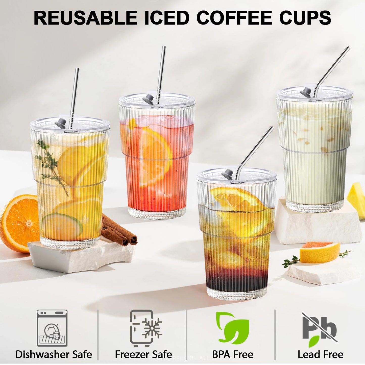 VAIIGO 16 OZ Iced Coffee Cups with Lids and Straws Set of 8, Reusable Iced Coffee Glass Unbreakable Plastic Drinking Glasses for Tea, Juice, Water, BPA Free, Dishwasher Safe