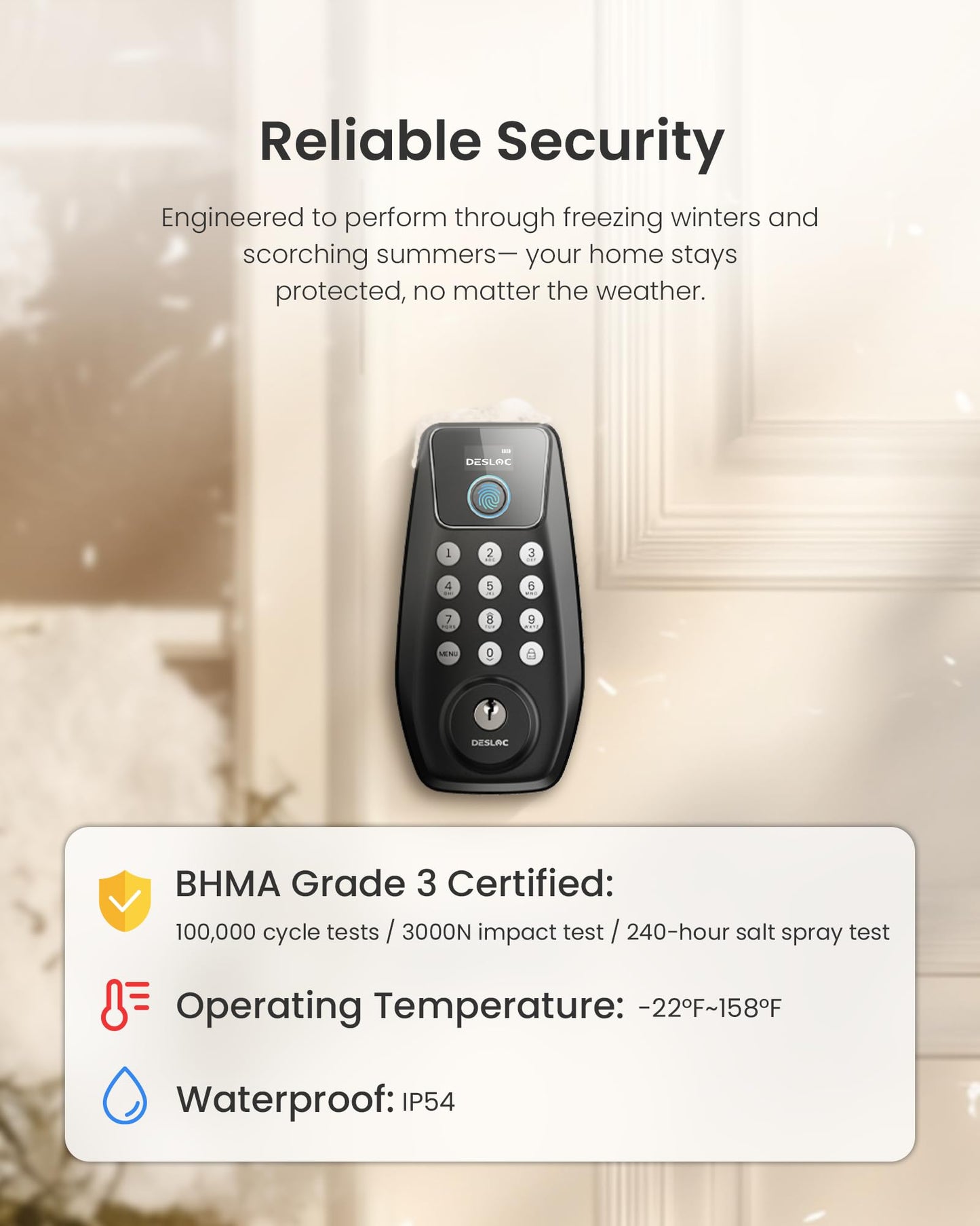 DESLOC C110 Fingerprint Keyless Entry Door Locks, Front Door Smart Lock Deadbolt with 2 Keys, Auto-Lock, Backlit Keypad, 12 Months Battery, IP54 Waterproof, BHMA Grade 3 (Black)
