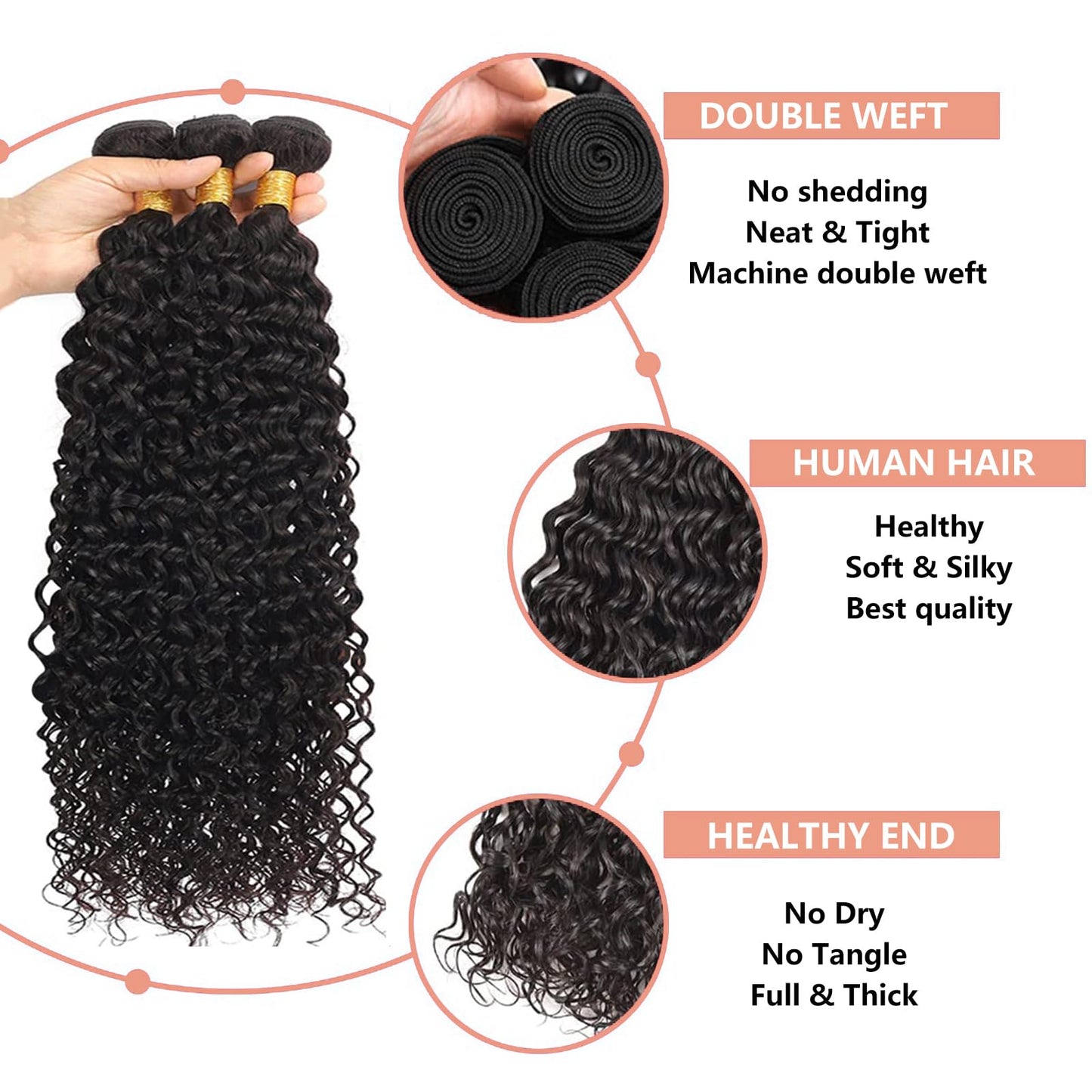 Human Hair Bundles Water Wave 12 14 16 Inch Brazilian Virgin Curly Human Hair Extensions for Women 100% Unprocessed 10A Wet and Wavy Weave Bundles Human Hair Natural Color