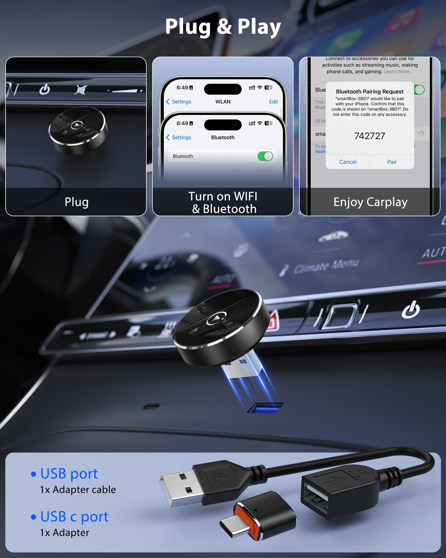 2025 Wireless CarPlay Adapter for iPhone, Converts Factory Wired to Wireless CarPlay Dongle for Cars from 2016 and iOS 10+, Plug and Play, No Latency