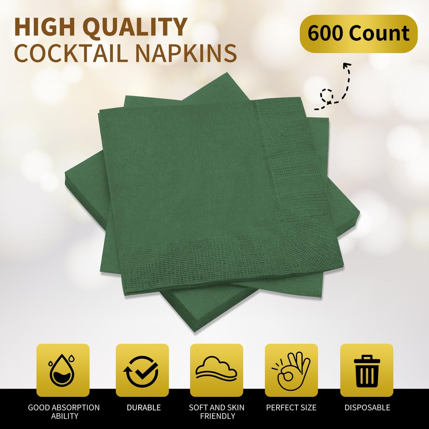 JOWLOT Cocktail Napkins - 600 Count 2-Ply Dark Green Napkins Disposable, 4.75 x 4.75 Inch Folded Paper Napkins Bulk Beverage Napkins for Dinner Wedding Bar Party and Everyday Use