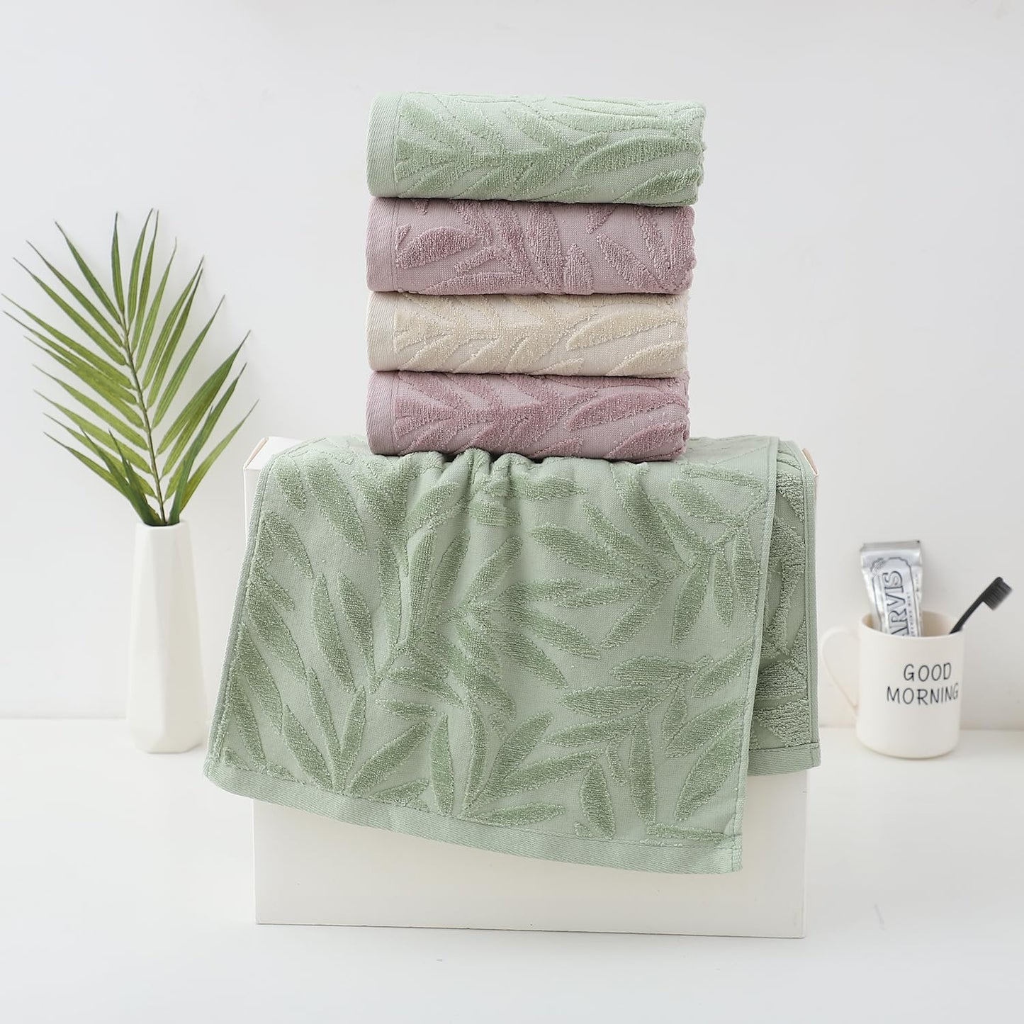 Pidada Hand Towels Set of 4 Leaf Pattern 100% Cotton Absorbent Soft Decorative Towel for Bathroom (Green)