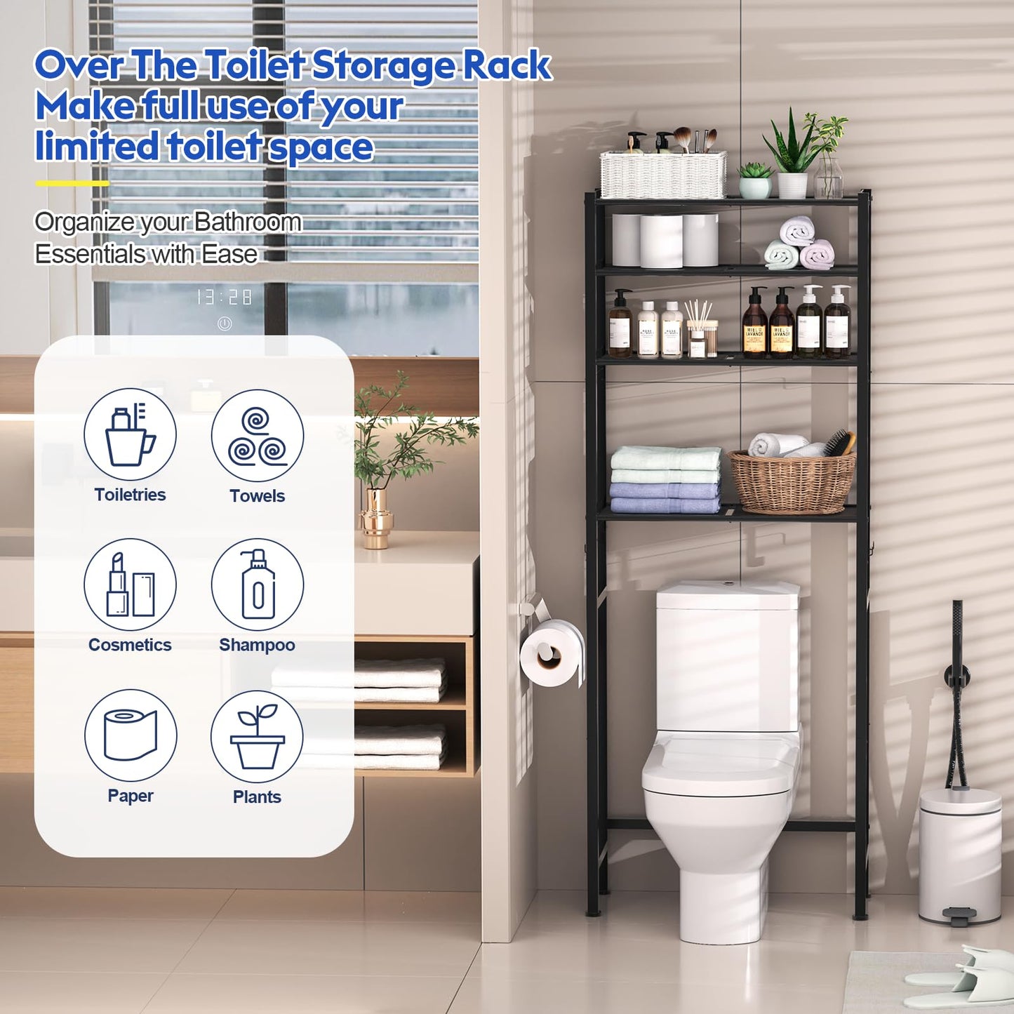 samstar 4 Tier Over The Toilet Storage Rack, Bathroom Organizer Shelves Above Toilet, with Adjustable Height Freestanding Shelf Space Saver, Black
