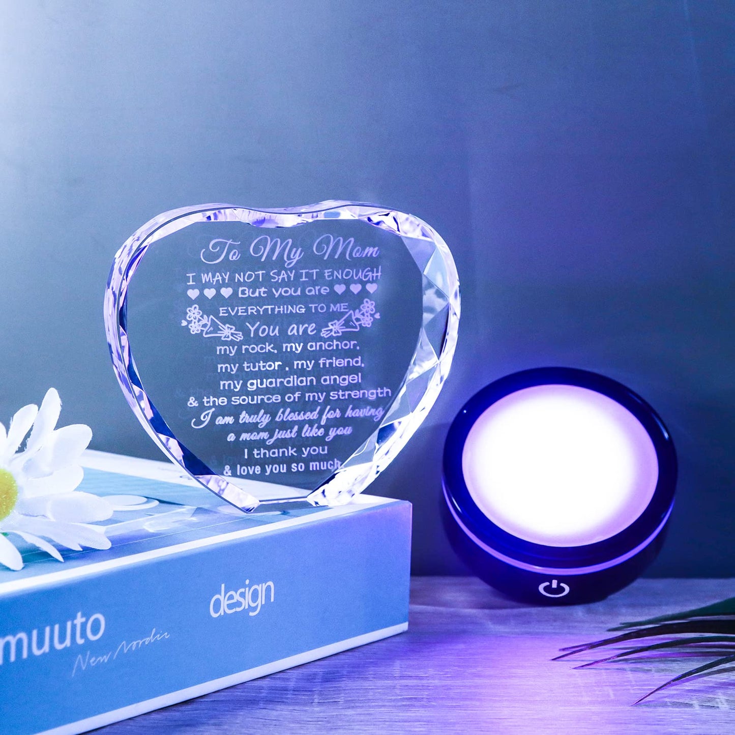 YWHL Gifts for Mom from Daughter Son Moms Birthday Gifts Unique Heart Crystal Laser Words Gift for Mom with Colorful Base on Mothers Day Thanksgiving Day Christmas Valentine's Day