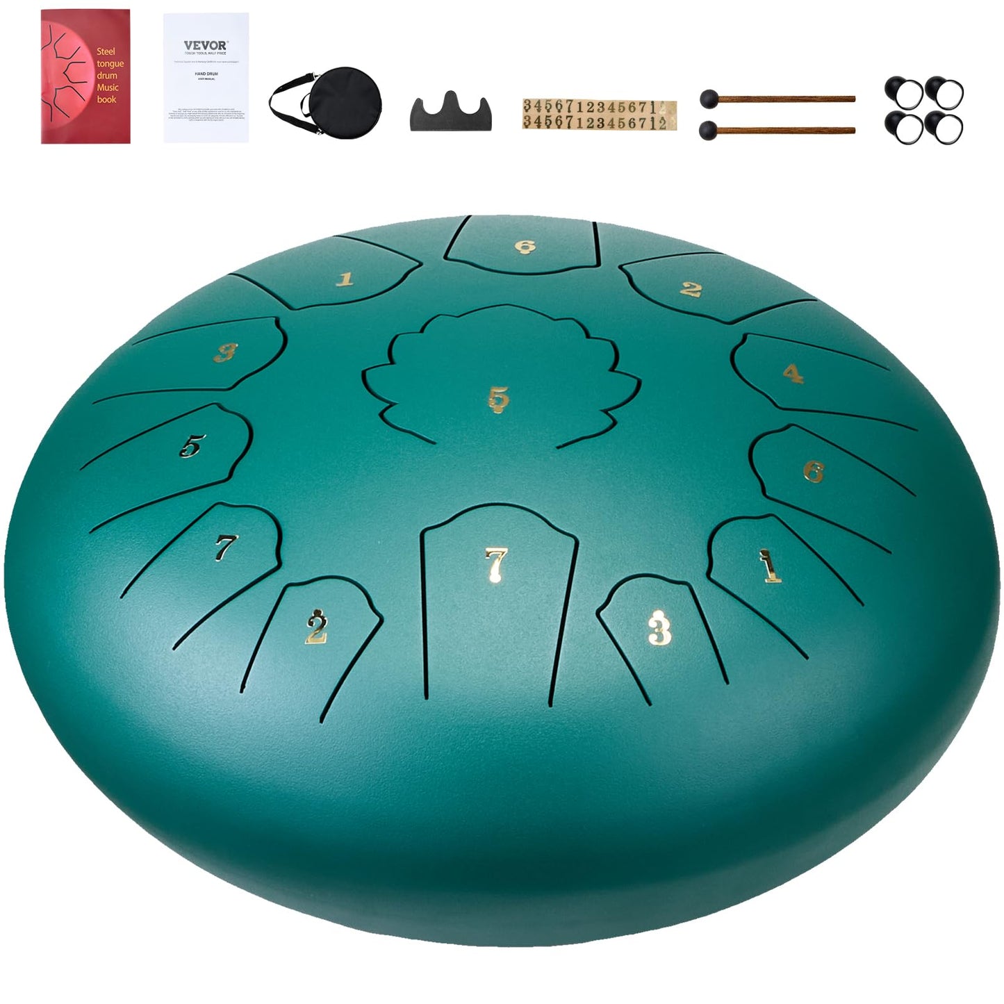 VEVOR Steel Tongue Drum, Steel Drum for Outside Garden, C Major Key, Tank Drum with 2 Mallets & Carry Bag, Hand Pan Drum Percussion Instrument for Musical Education Yoga (Green, 12 in & 13 Notes)